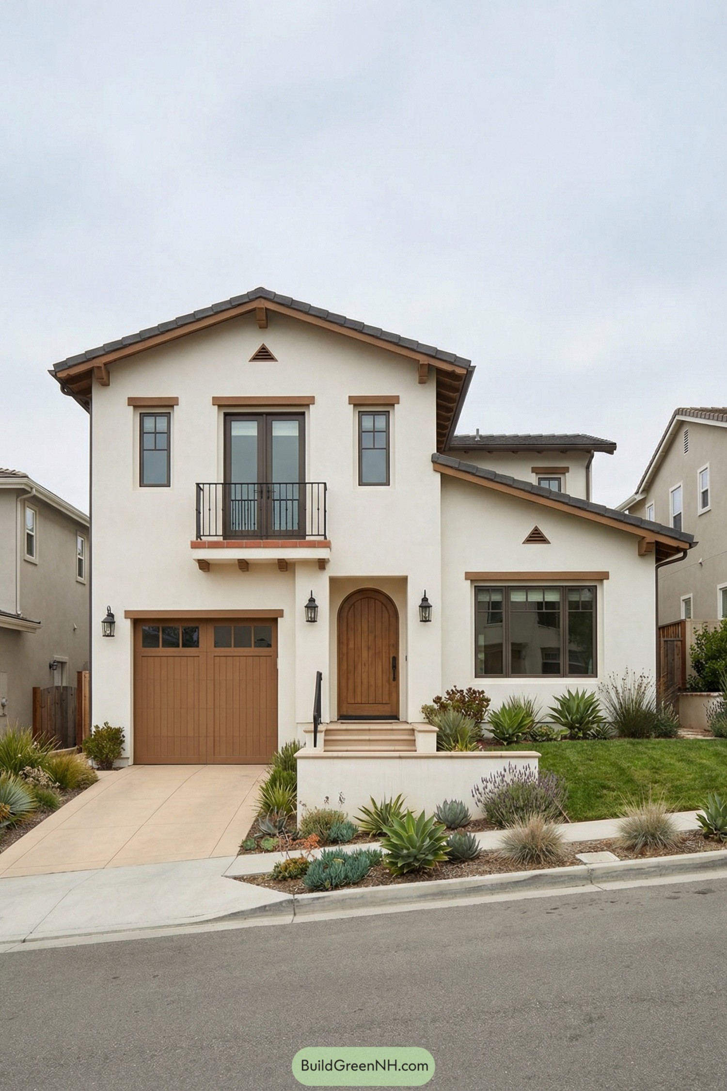 Modern Spanish style two story house with arched wood front door, balcony, and drought tolerant front yard