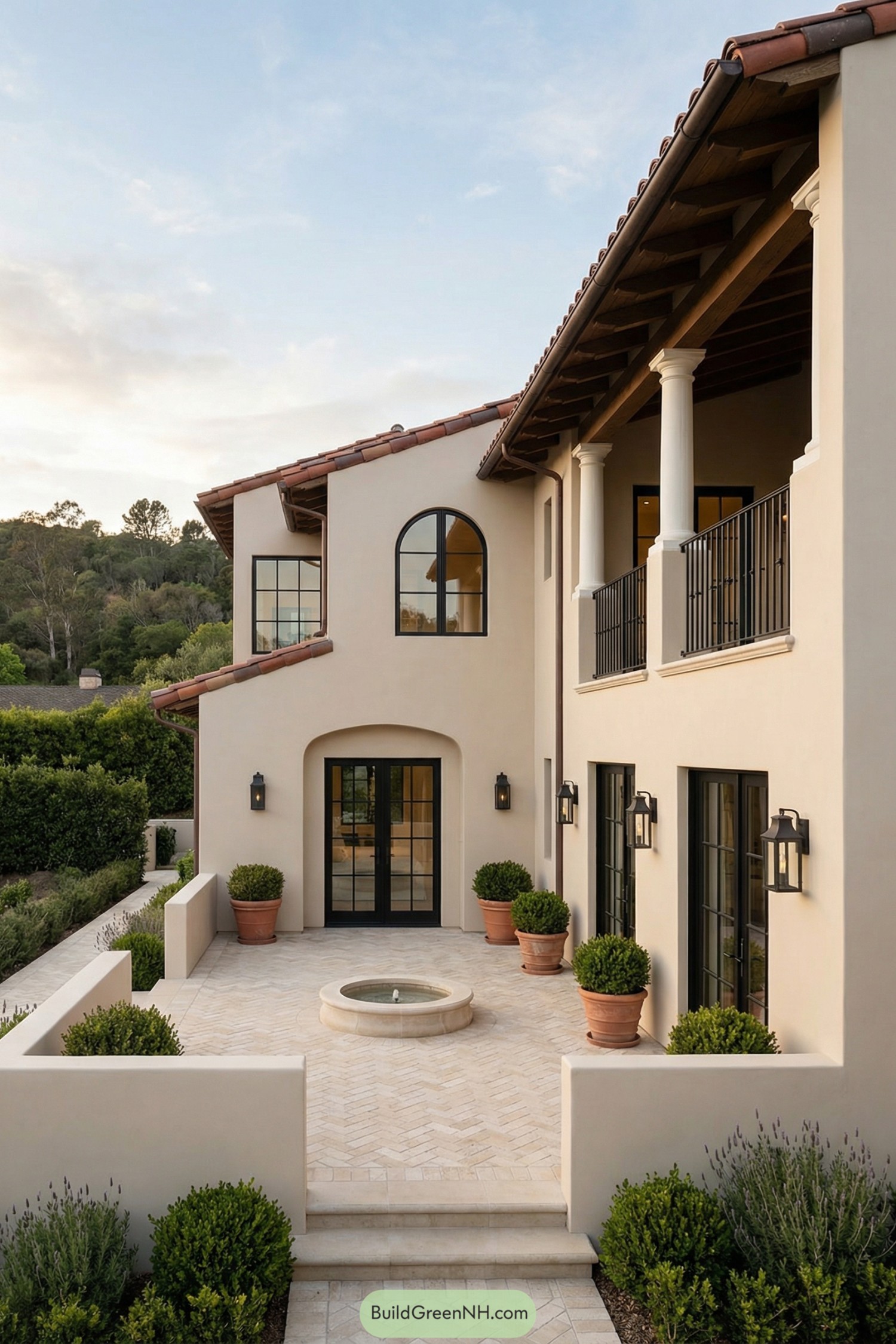 high-res photo of modern spanish style house, asymmetrical two-story facade with clean lines and traditional spanish revival details, smooth light warm-beige stucco walls with minimal ornament, exterior color palette of soft beige, warm terracotta, dark bronze-black metalwork, and natural stone accents, elongated rectangular massing stepping down along a gentle slope with recessed central courtyard, building materials include stucco, dark stained wood eaves and beams, clay roof tiles, black metal railings, steel-framed glass, natural stone pavers and boulders, low-pitched gabled roofs with deep overhangs and exposed dark wood rafters, traditional red clay barrel tiles with varied tones, upper-level covered loggia with thick round white stucco columns supporting the roof, several wrought-iron style guardrails and balconies in matte black, large black metal-framed windows with divided lights, mix of tall rectangles and one large arched window, matching black-framed glass double doors on the ground floor with French-door proportions, simple dark wall-mounted lantern sconces flanking openings, front courtyard defined by low stucco garden walls in same beige tone as the house, light stone or concrete paving in a herringbone pattern forming paths and terraces, shallow steps leading down into the courtyard, focal circular stone fountain basin set flush into the paving, terracotta pots with neatly clipped shrubs placed along paths and near walls, planting beds with low manicured boxwood, lavender-like shrubs, and other evergreen Mediterranean plants, natural river stones and boulders edging some beds, background of dense green hedges, mature trees and a wooded hillside, simple vertical wooden fence partially visible at the rear, soft late-afternoon sky with pale blue and light clouds, overall calm and photogenic residential setting framed tightly on the facade and courtyard, single real-life photo, high-resolution, architectural photography, soft lighting, cinematic composition.
