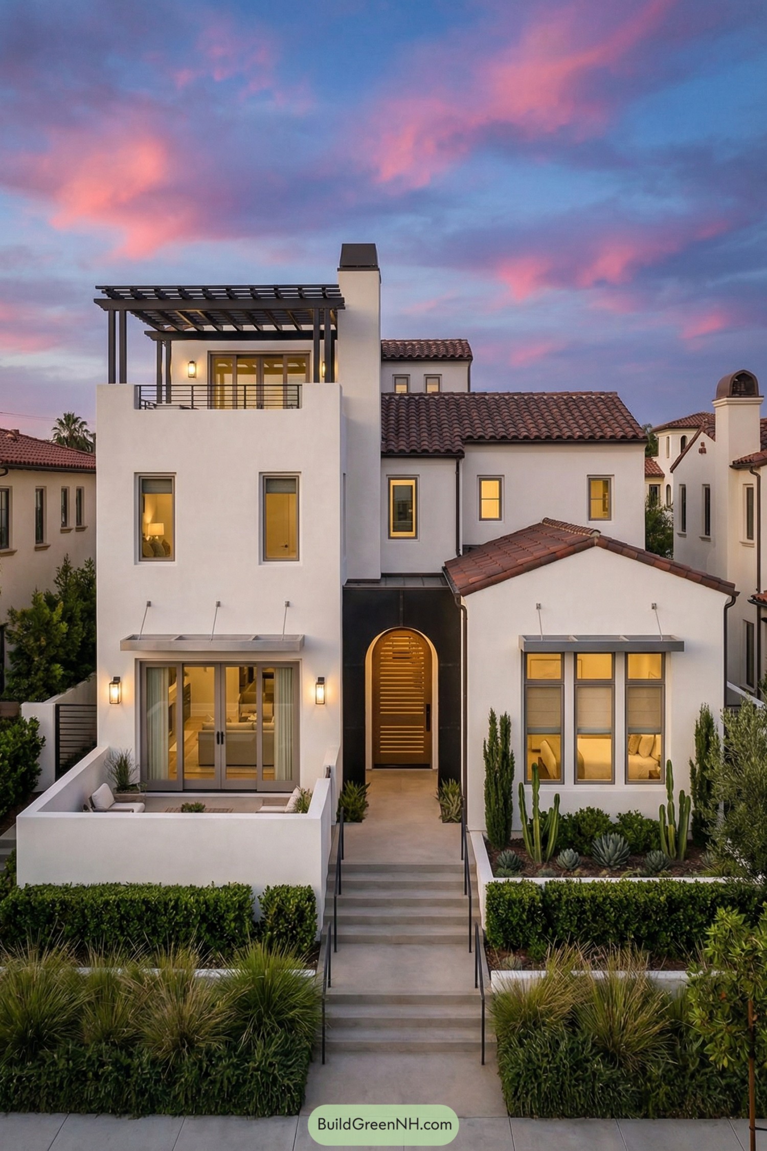 Modern white Spanish style house with tiered volumes, red tile roofs, and a rooftop terrace at sunset