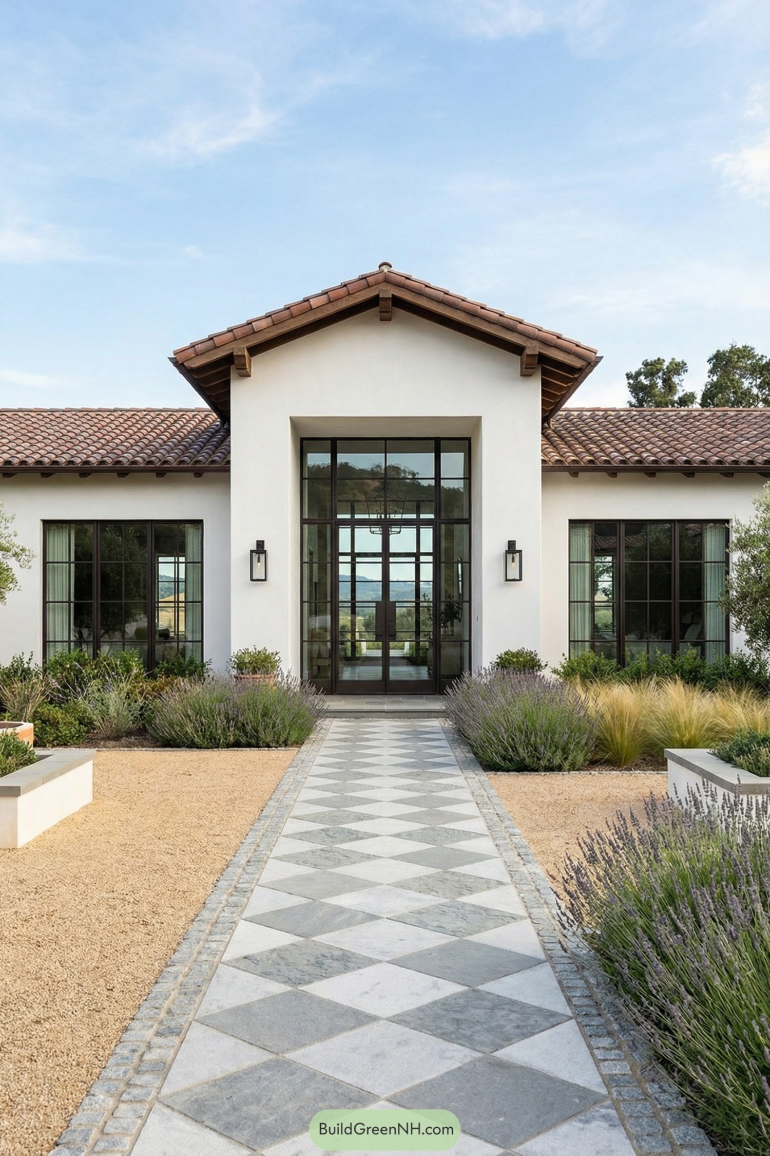 Modern Spanish-style home with tall glass entry and tiled path