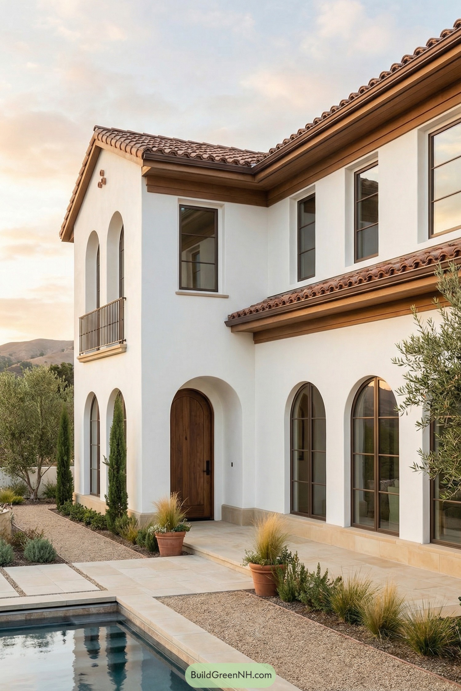 Modern Spanish style house with white stucco walls arched windows and a poolside entry path