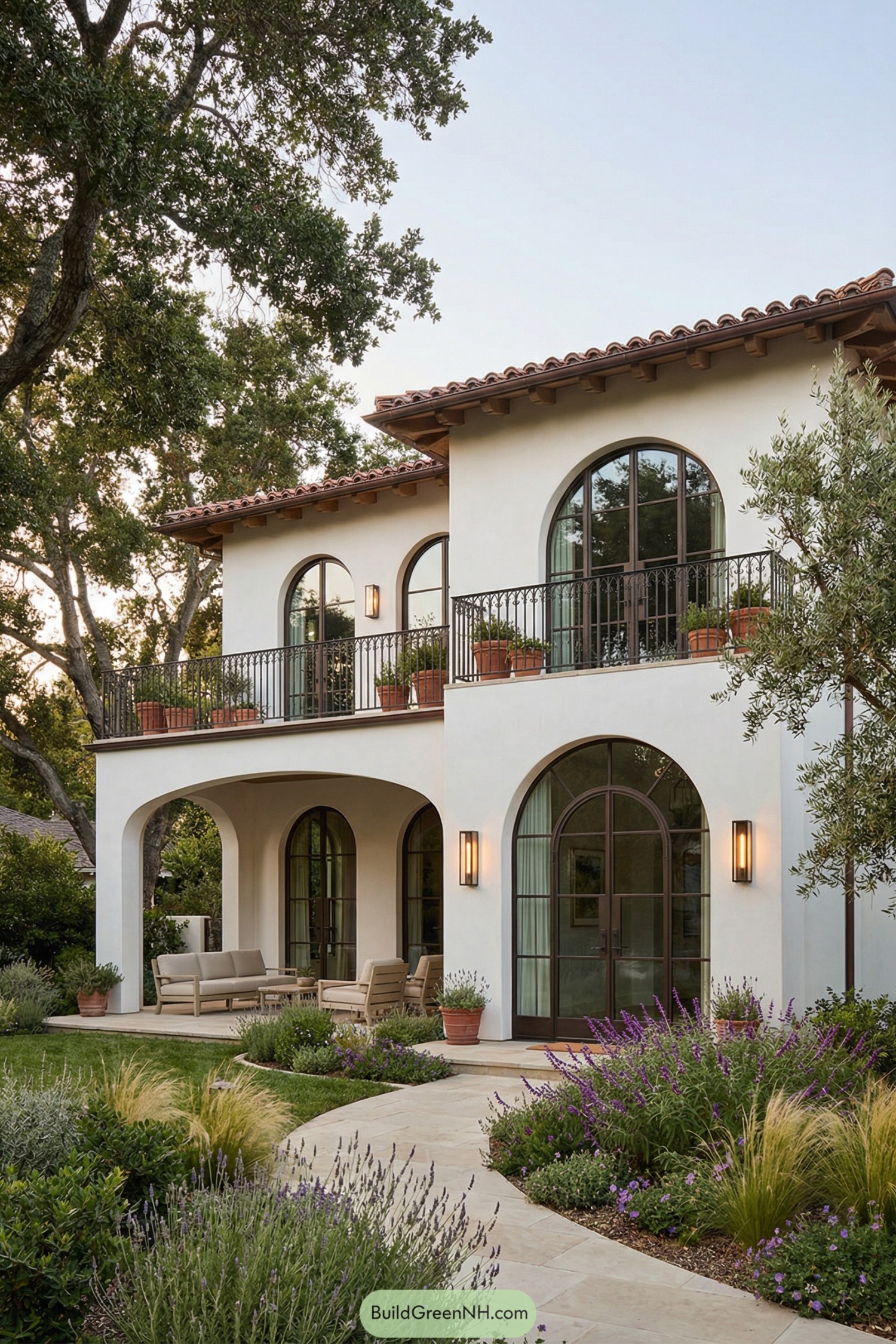 Two story white stucco Spanish style house with arched doors, balcony, and lush landscaped front garden