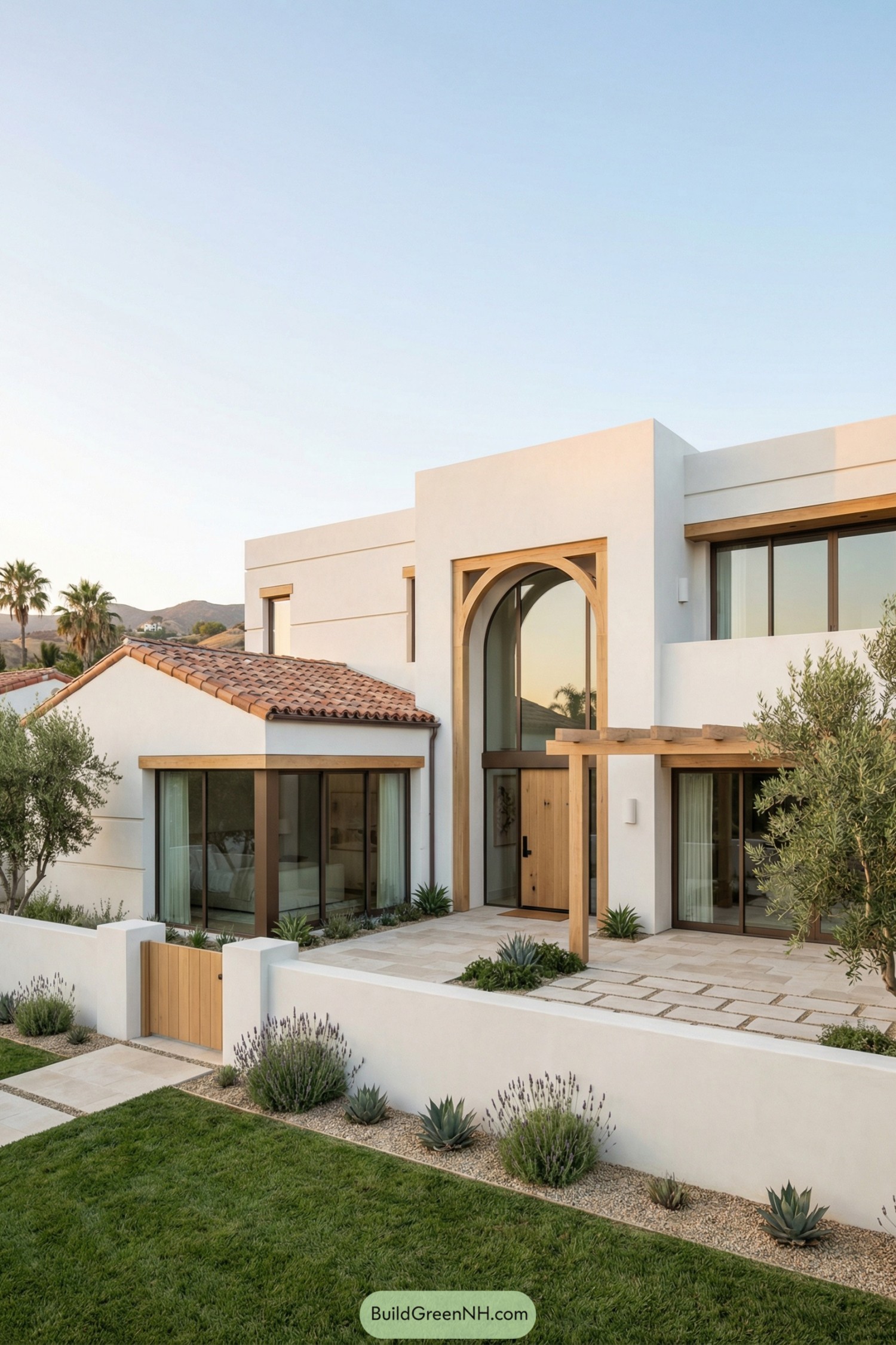 Modern white stucco Spanish style home with tall wood framed arch entry and landscaped front courtyard