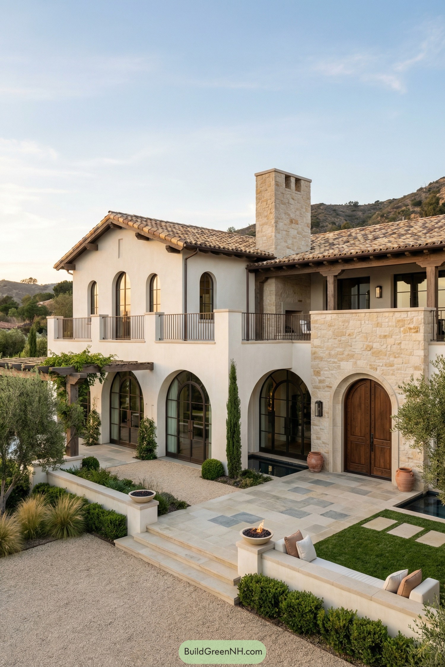 Elegant two story Spanish style home with arches stone accents and a landscaped courtyard