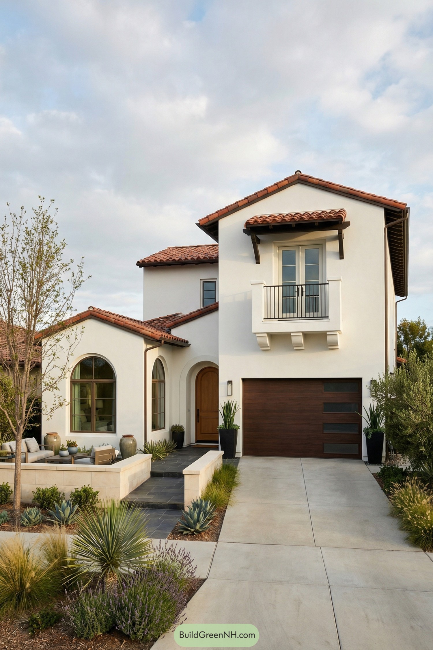 Two story white stucco Spanish style house with red tile roof modern wood garage door and low desert landscaping