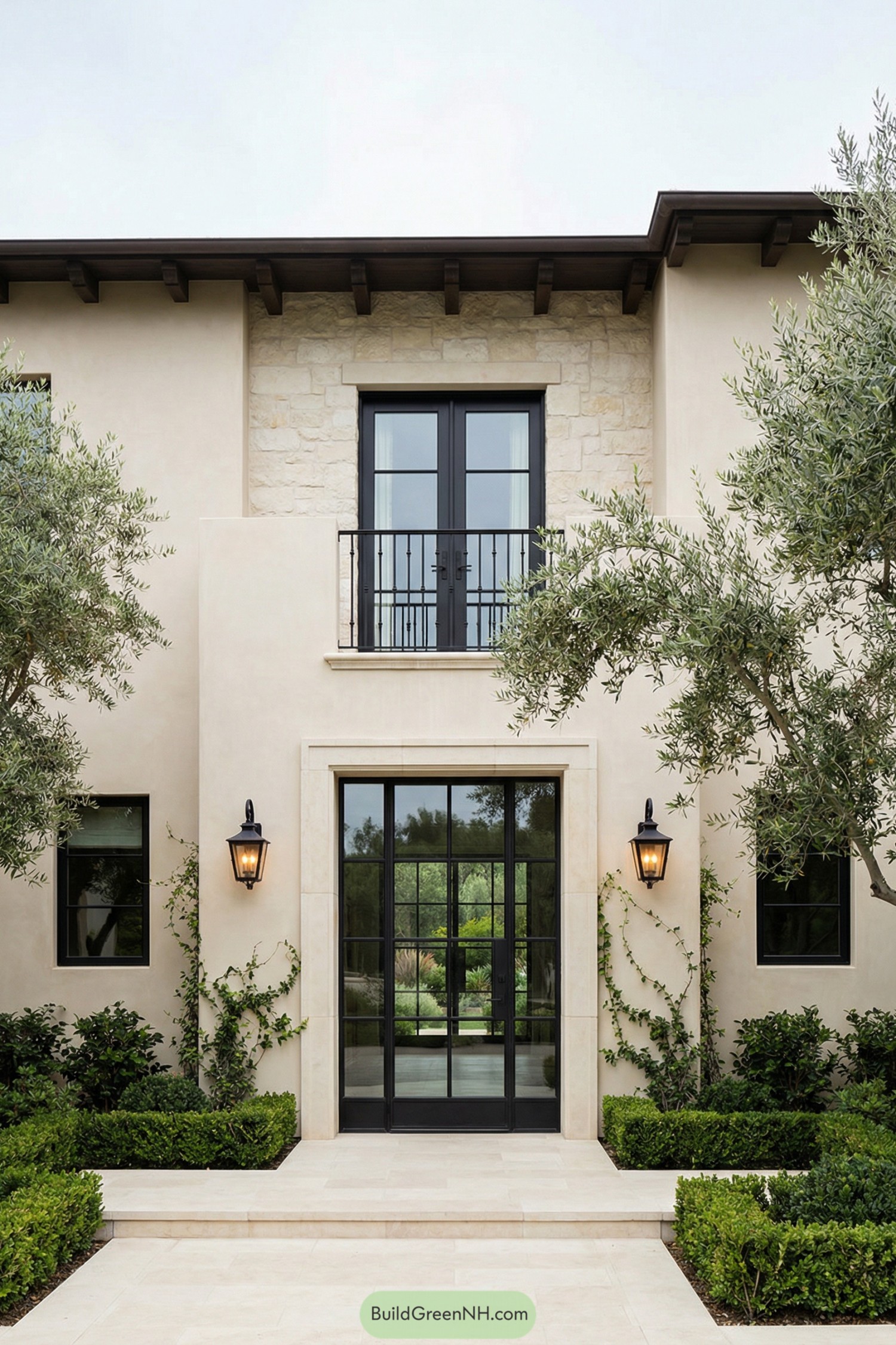 Cream stucco Spanish home facade with black framed glass doors, balcony, climbing vines, and manicured hedges