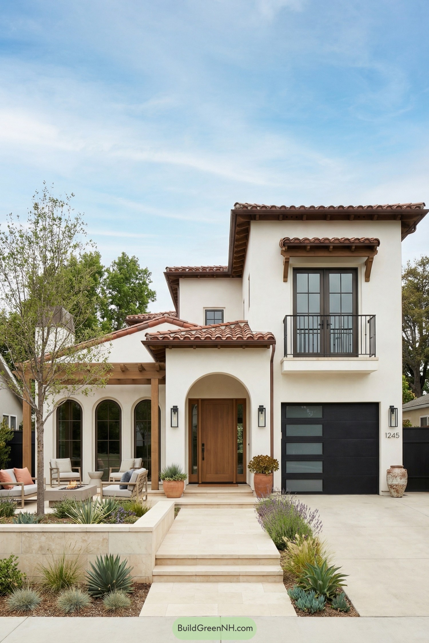 Two story white stucco Spanish style home with red tile roof, arched porch, and modern black garage door. Desert inspired front landscaping frames a paved walkway to a wood front door