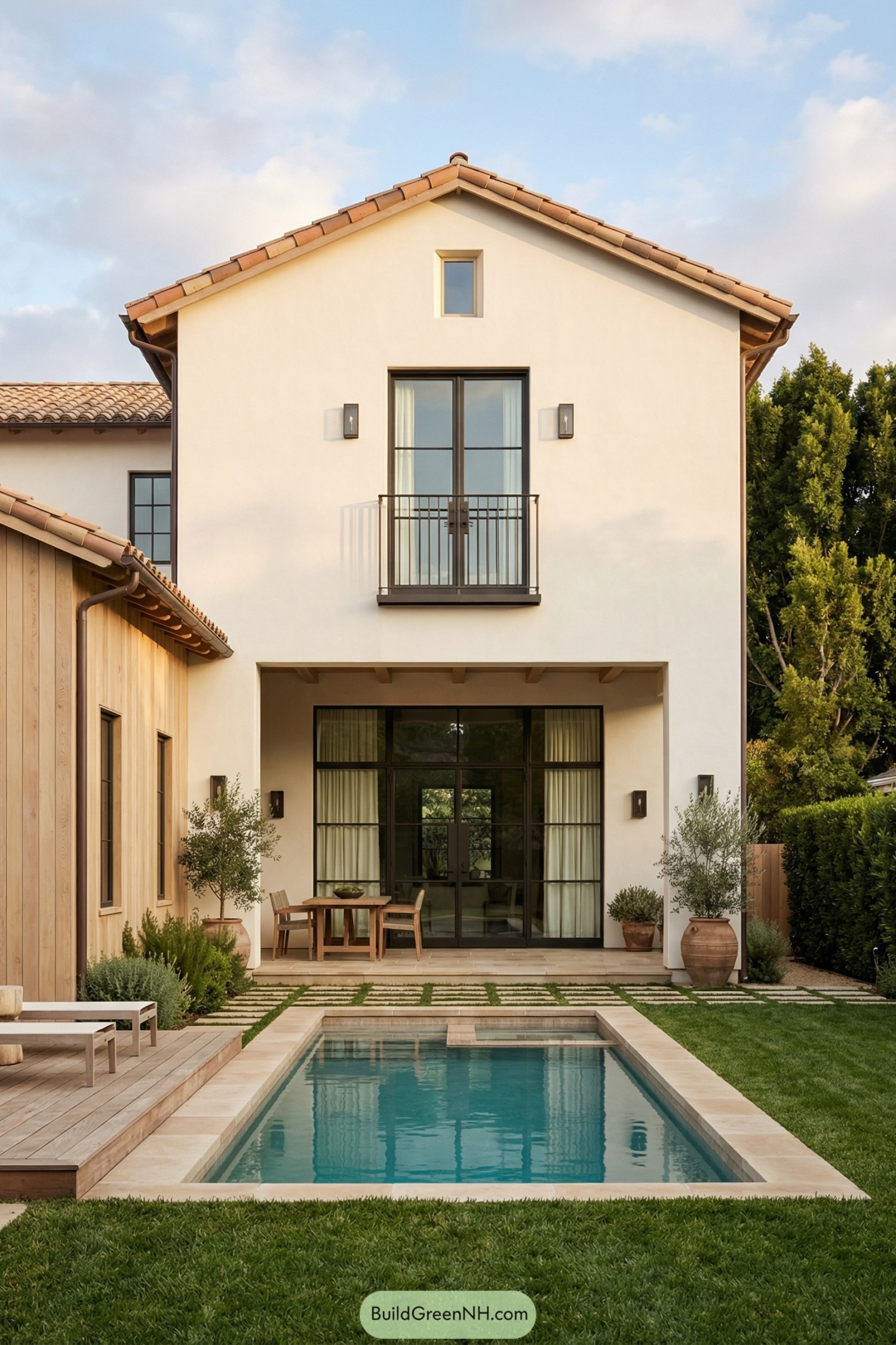Modern Spanish-style backyard with compact pool and covered patio