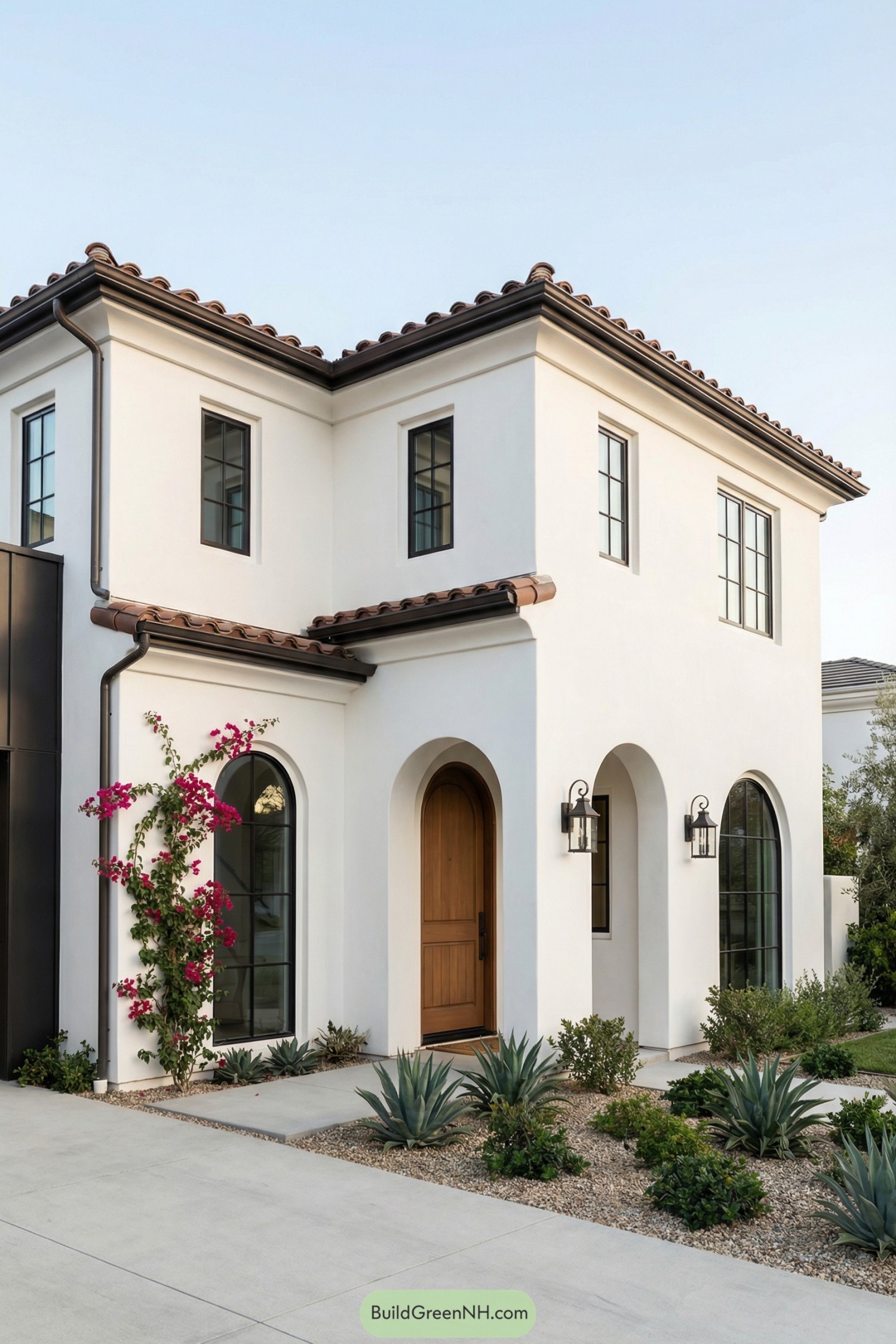 White stucco Spanish style house with arched doorway and drought tolerant front garden
