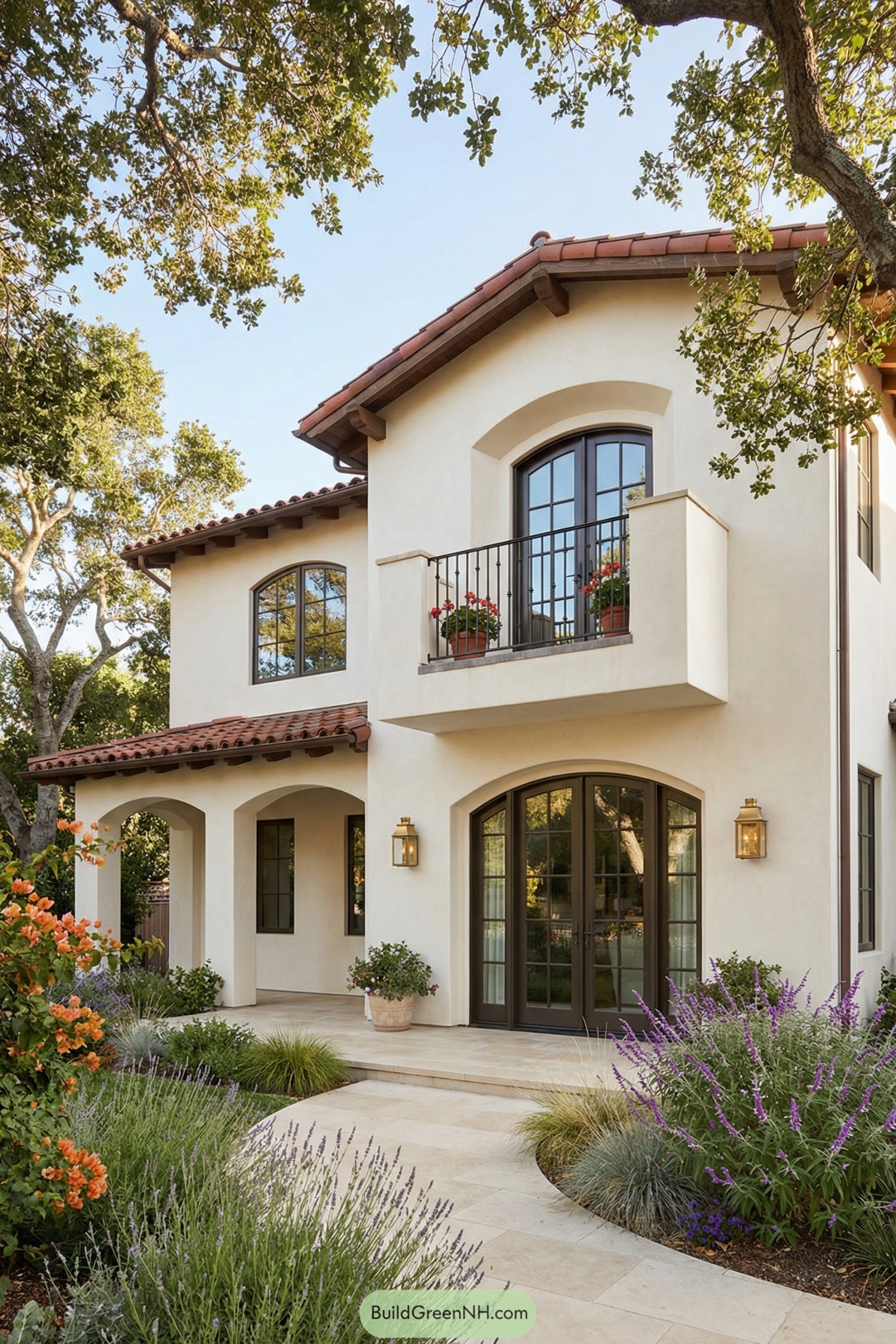 Two story stucco Spanish style house with red tile roof and lush front garden