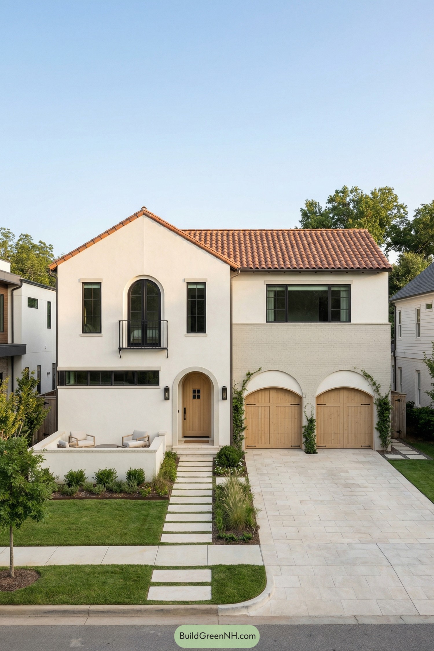 Modern Spanish style house with white stucco walls, red tile roof, arched entry, and triple wooden garage doors