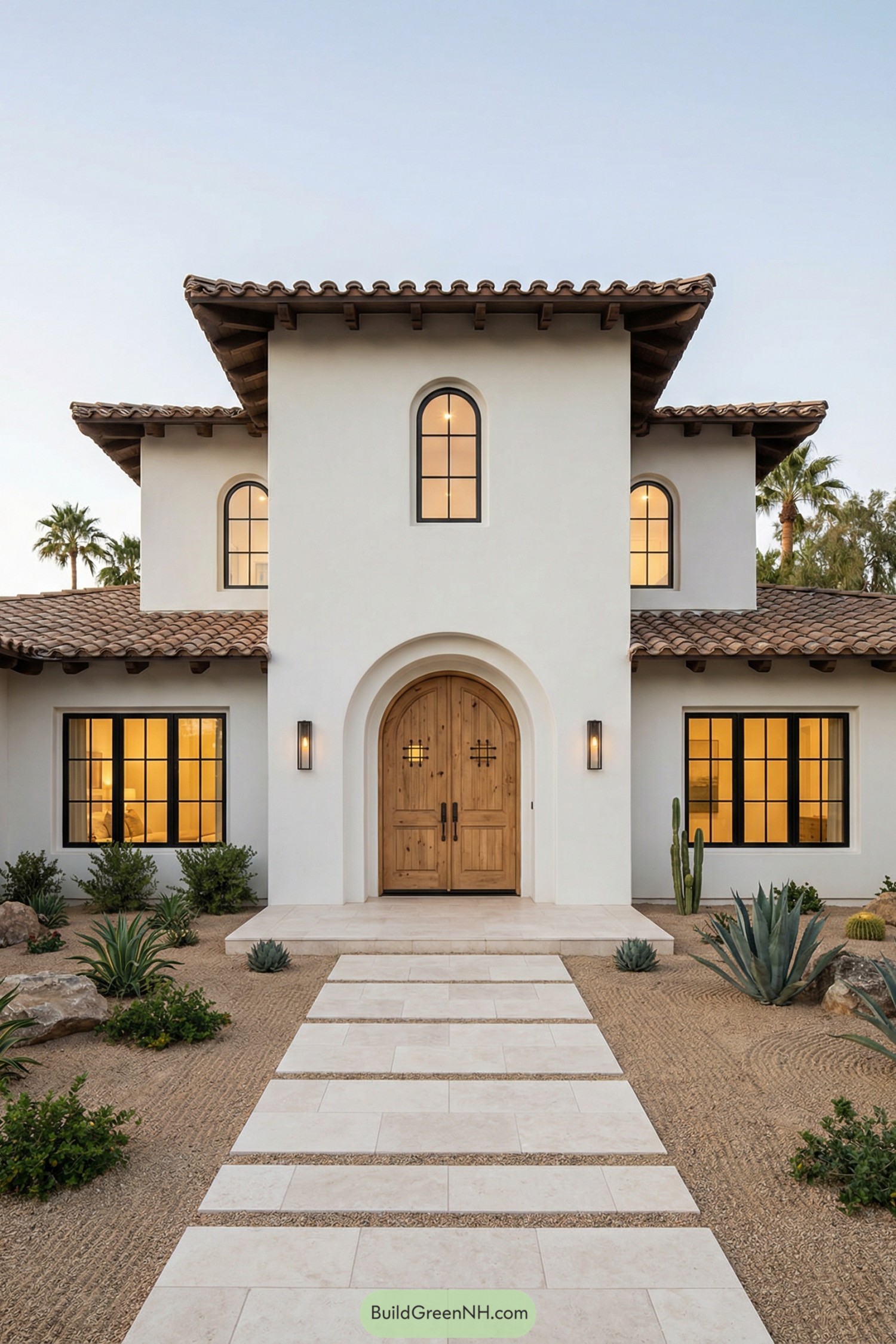 Modern Spanish style house with arched entry, wood doors, and desert landscaping