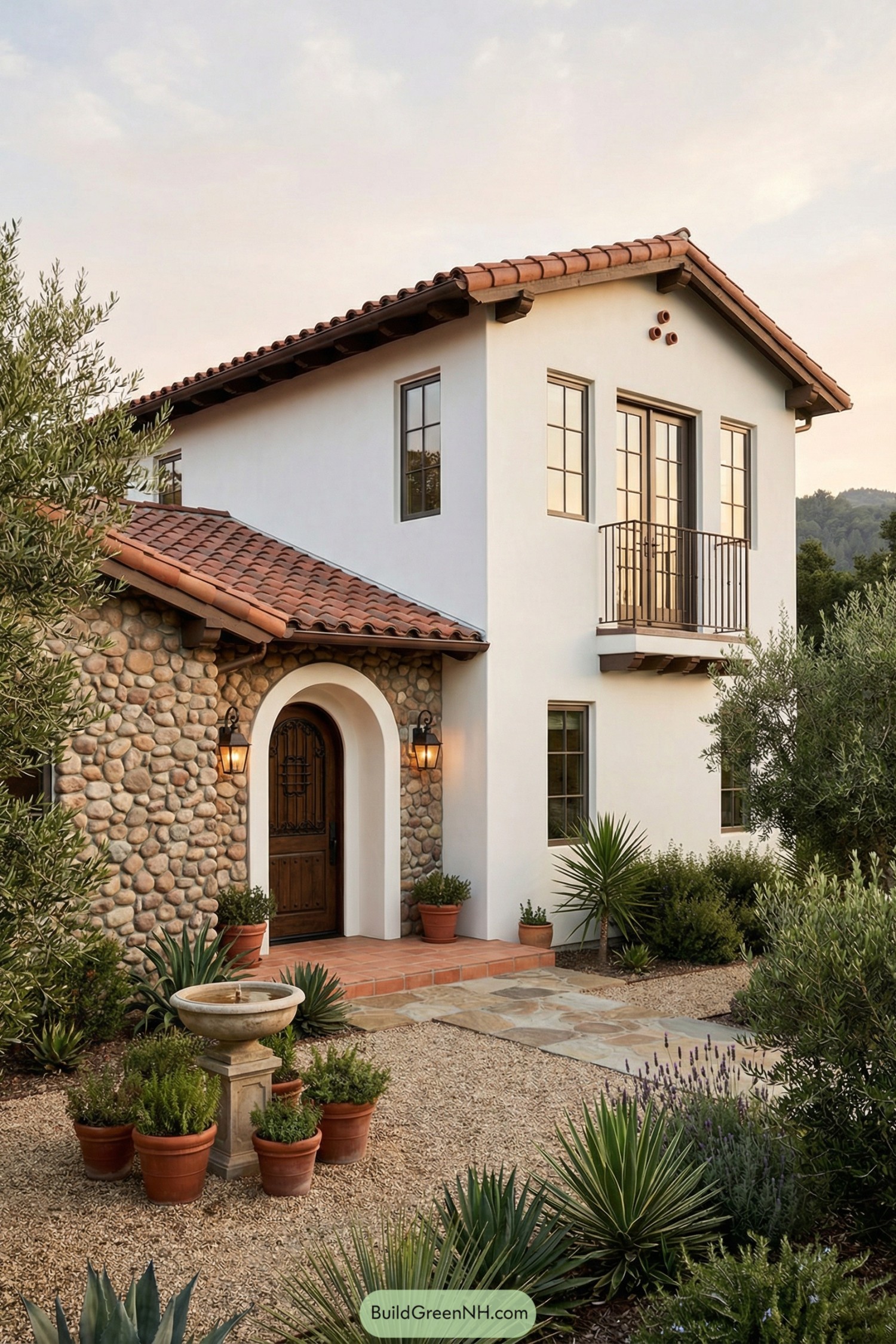 Two story modern Spanish house with stone entry
