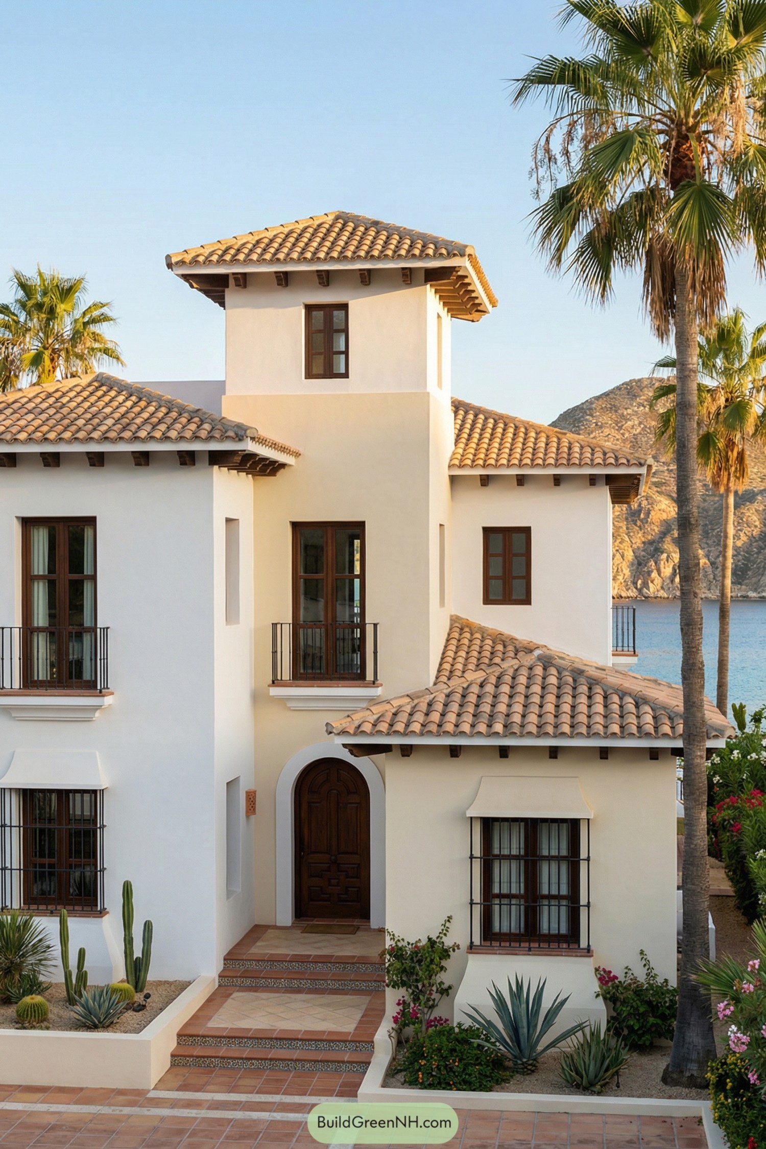 White stucco Spanish villa with tiled roofs beside the sea