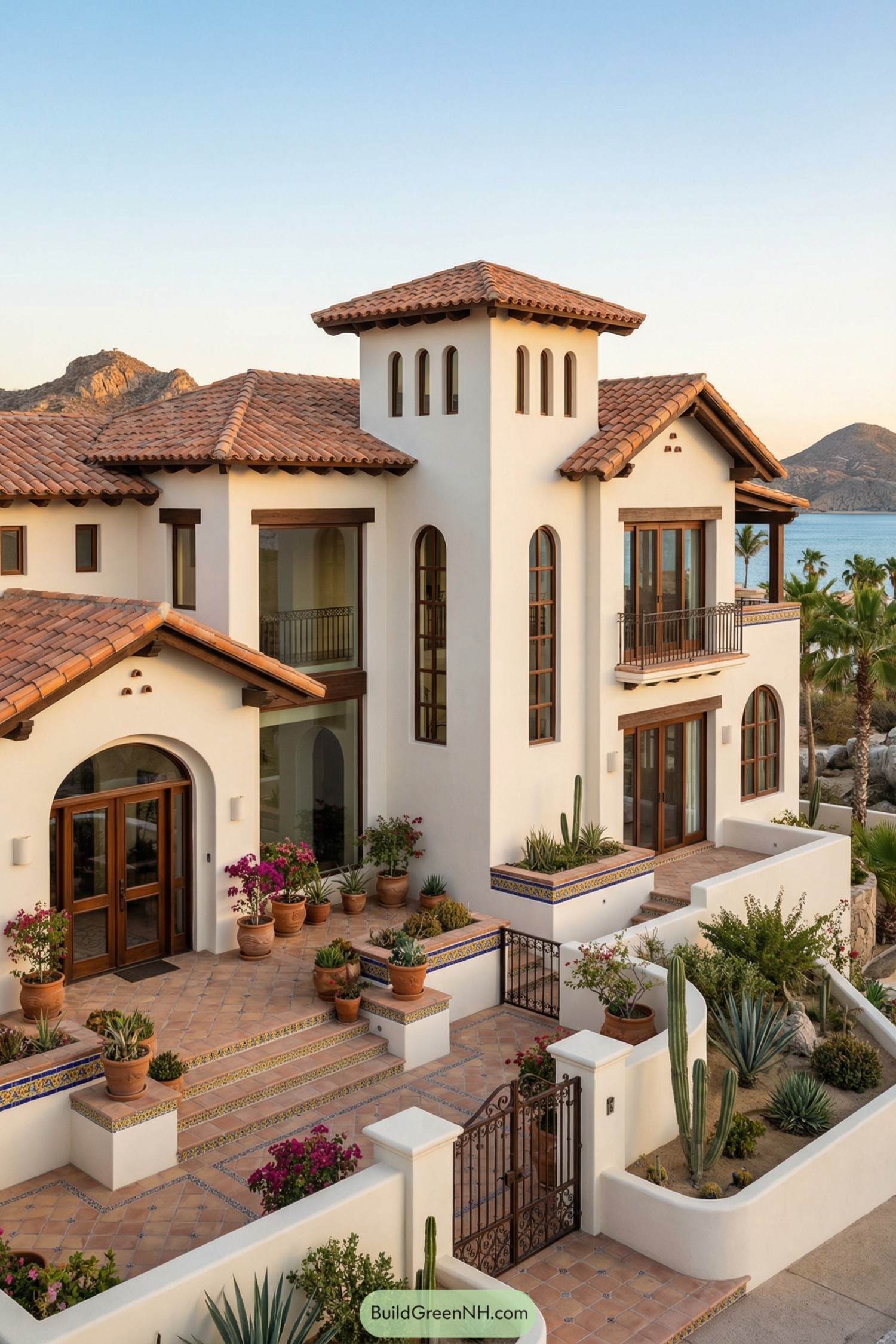 Mediterranean-style white stucco villa with terracotta roofs overlooking the ocean