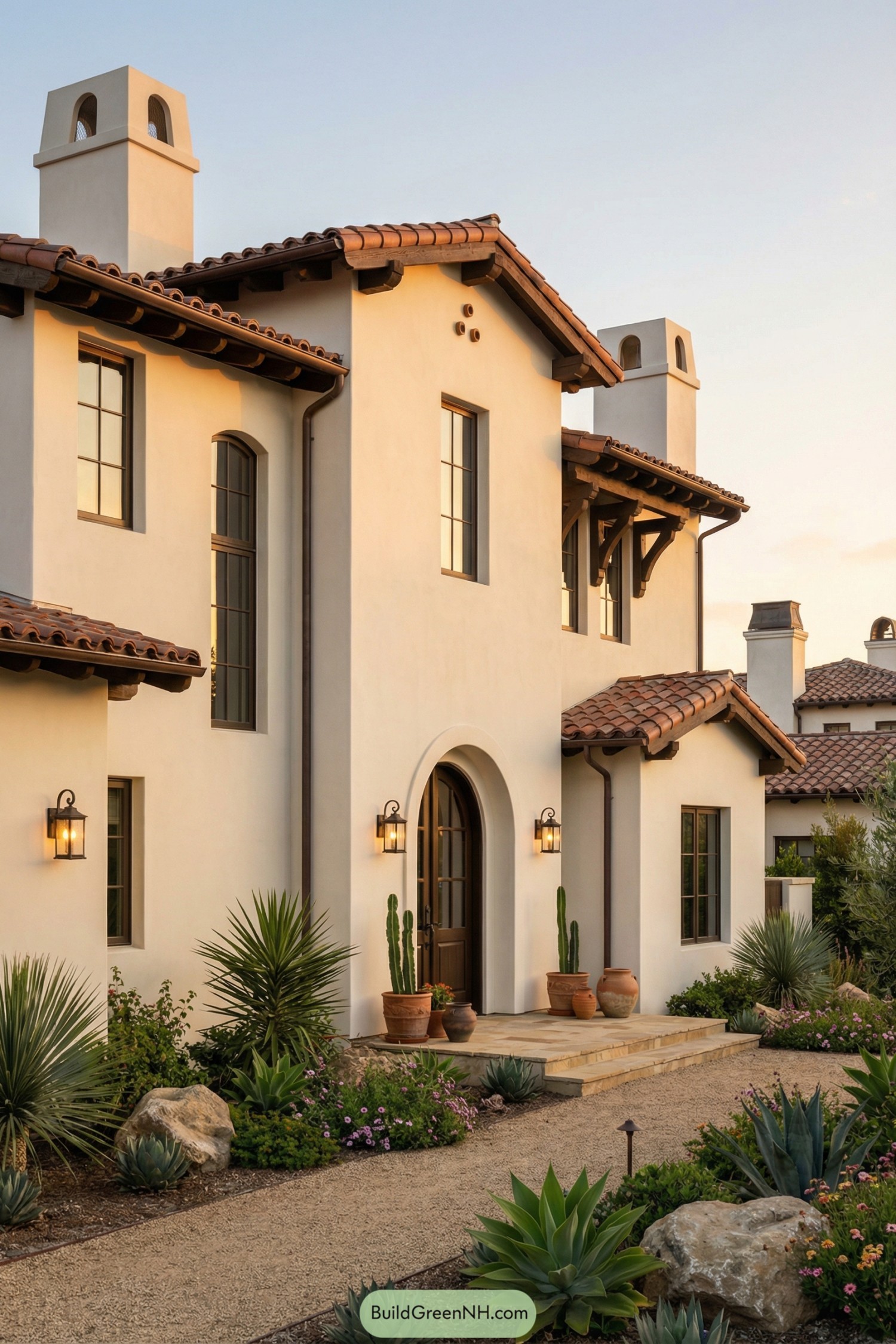 Creamy stucco Spanish villa with terracotta roof, arched entry, and desert-style front garden at sunset