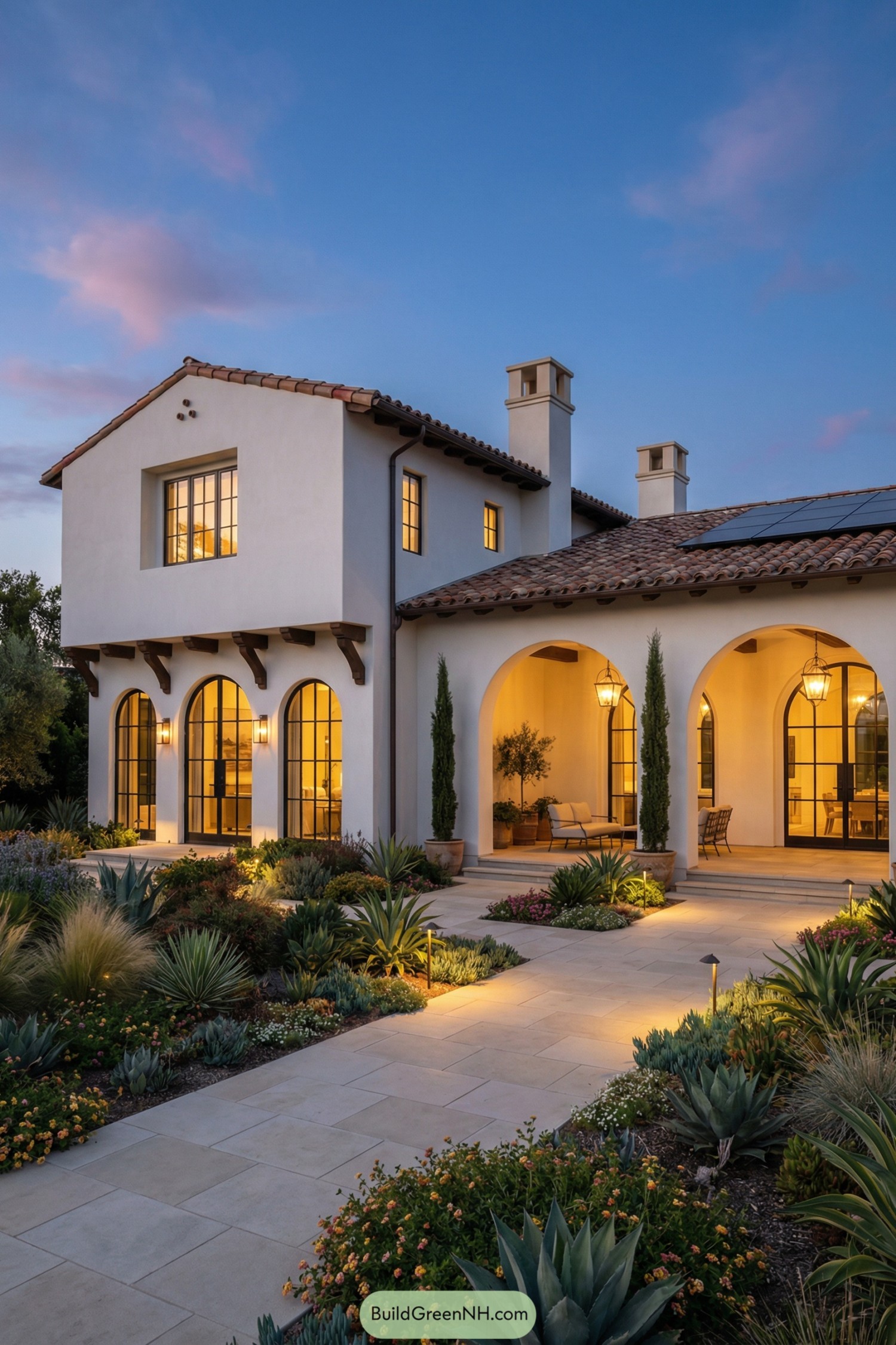 Warm lit Spanish villa with arches and garden