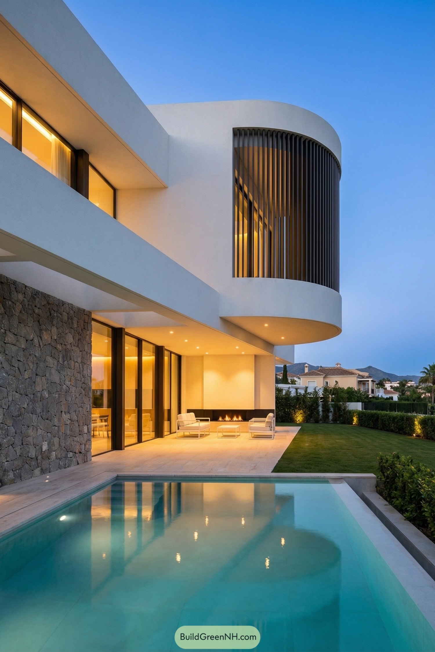 Modern white Spanish villa with curved upper volume, stone wall, pool, and open terrace at dusk