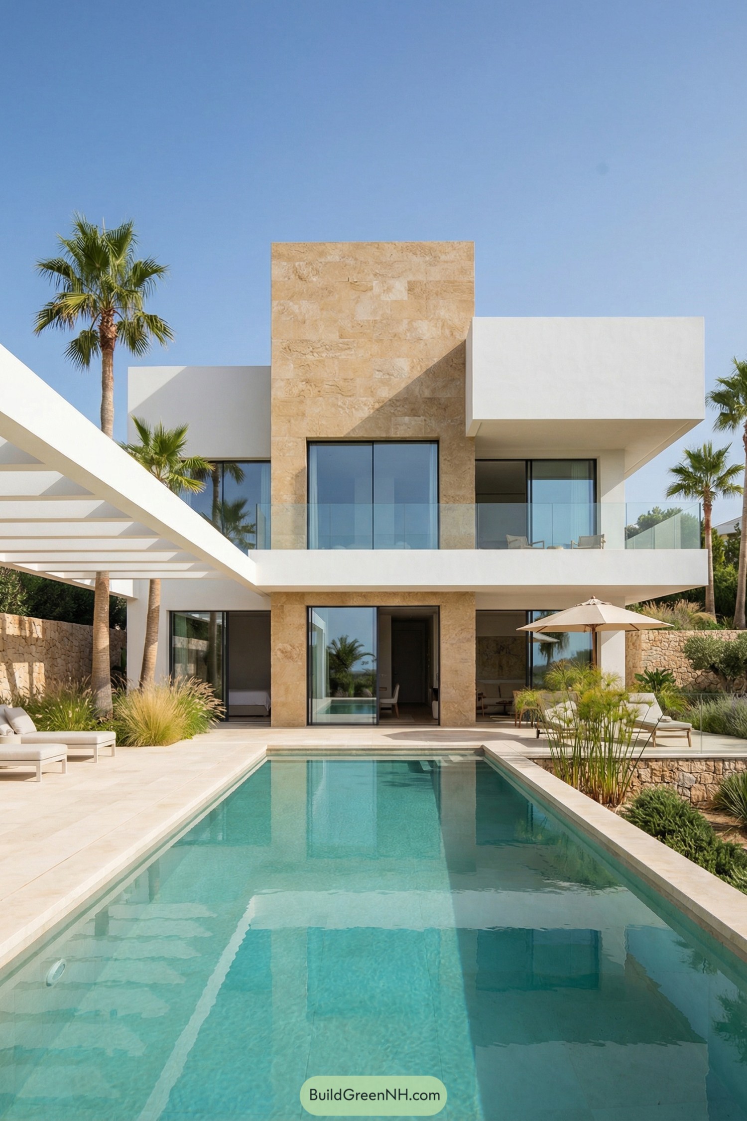 Modern Spanish villa with stone facade and pool
