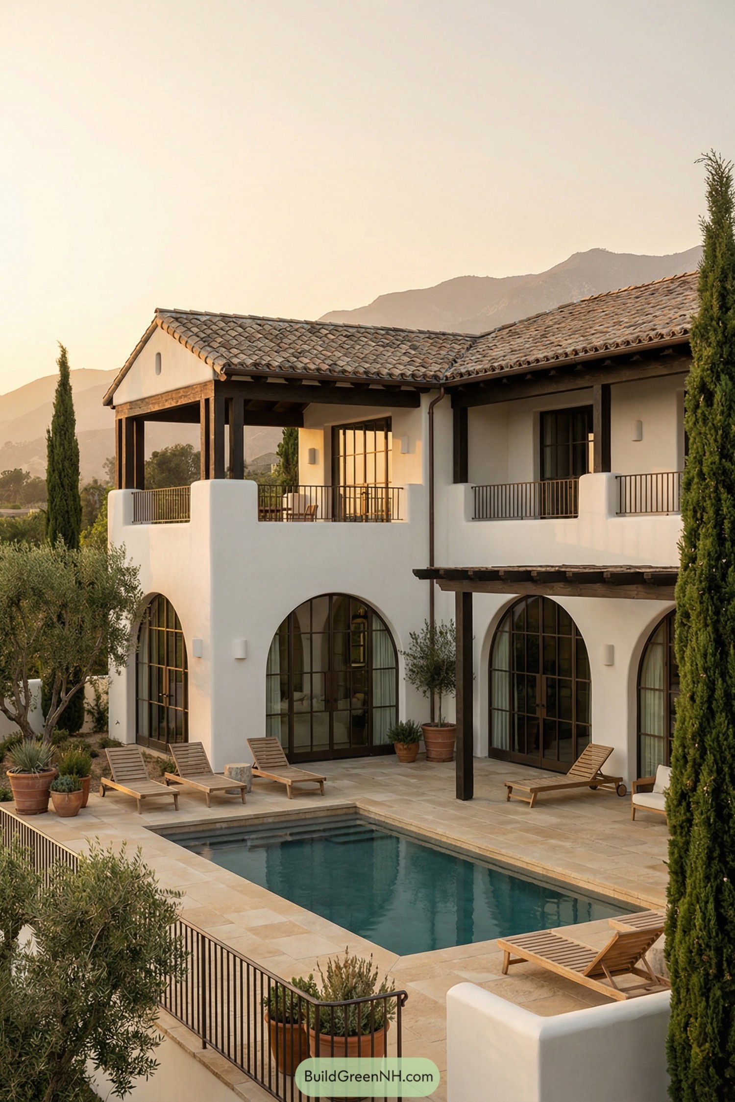 Mediterranean style white villa with arched doors opening to a pool courtyard and mountain backdrop