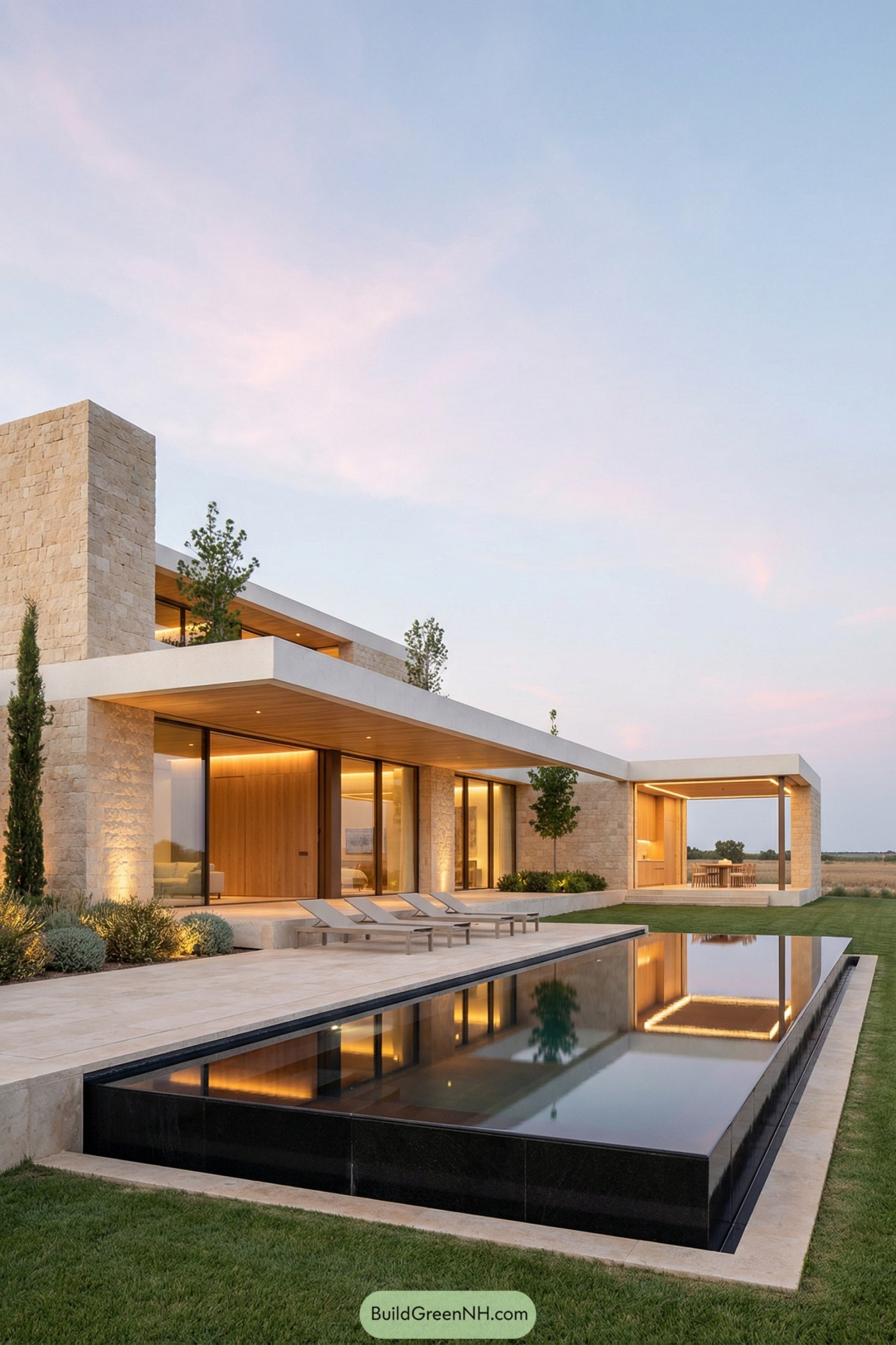 Modern stone and glass villa with linear infinity pool at sunset