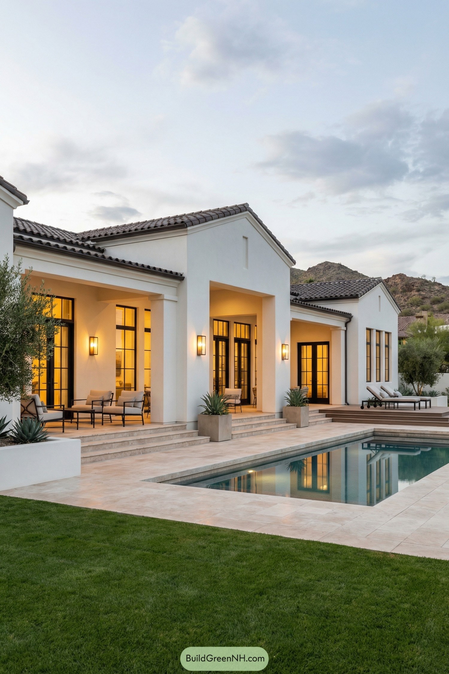 Modern white Spanish villa with pool and stepped patio at dusk