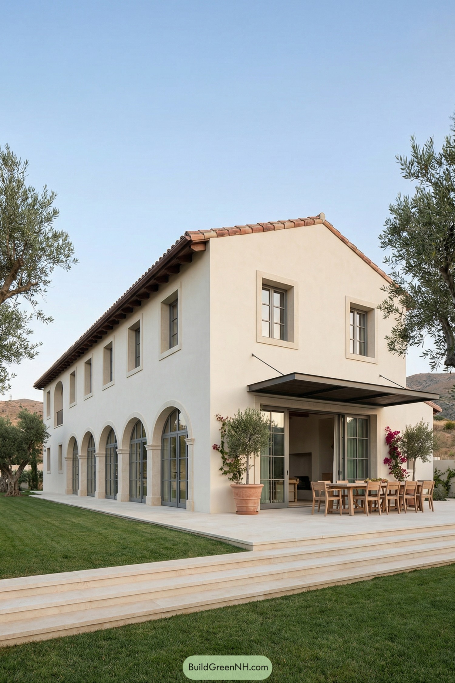 Two story Spanish style villa with arched windows, tiled roof, and a spacious patio dining area opening to a lawn