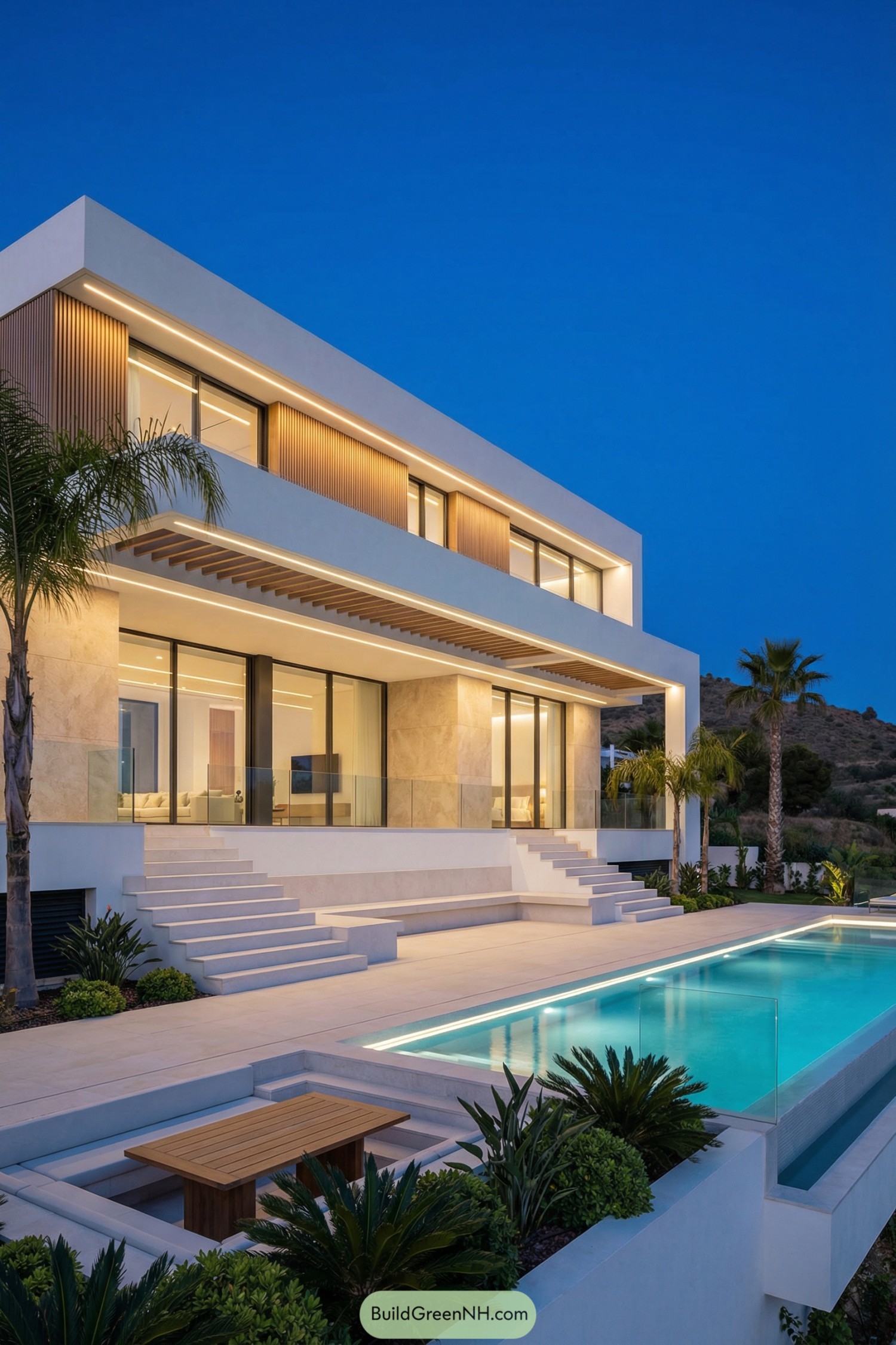 Modern white two story villa with long pool and palm trees at dusk