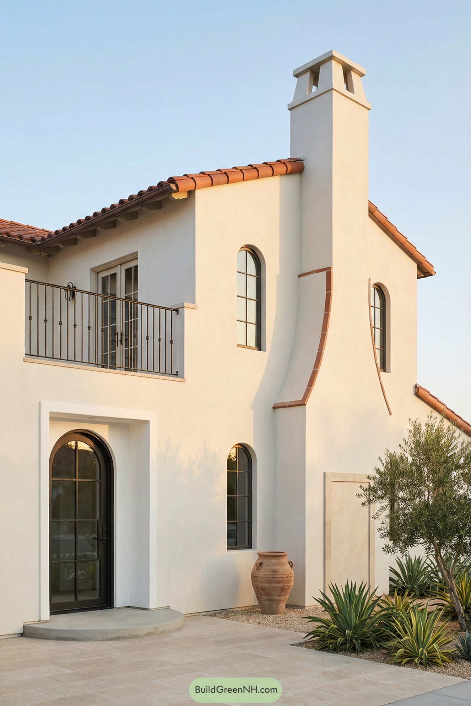 Creamy stucco Spanish villa with terracotta roof tiles, tall chimney, arched black-framed windows, balcony railing, and desert-style landscaping