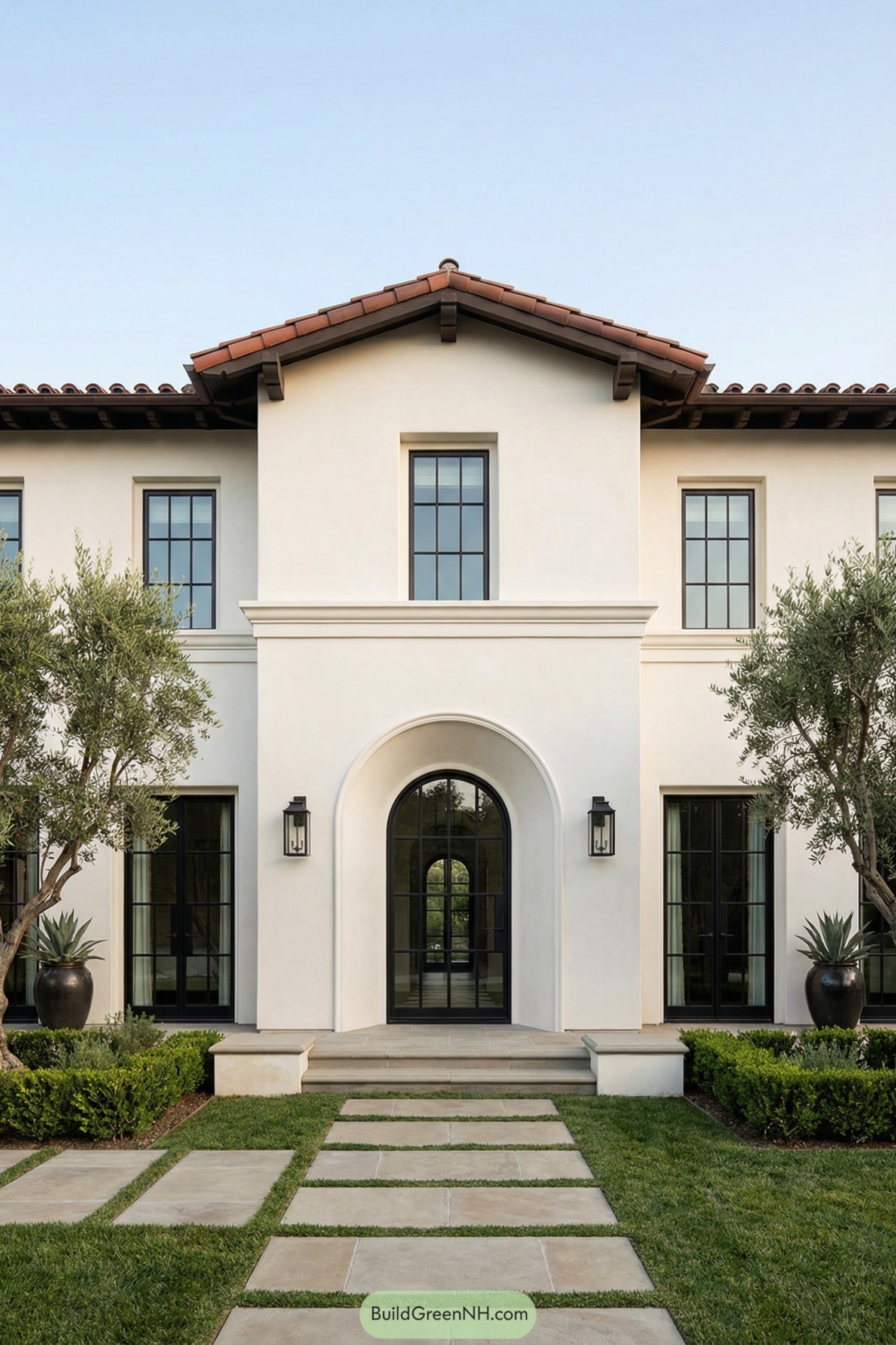 Modern Spanish villa with central arched entrance and symmetrical windows