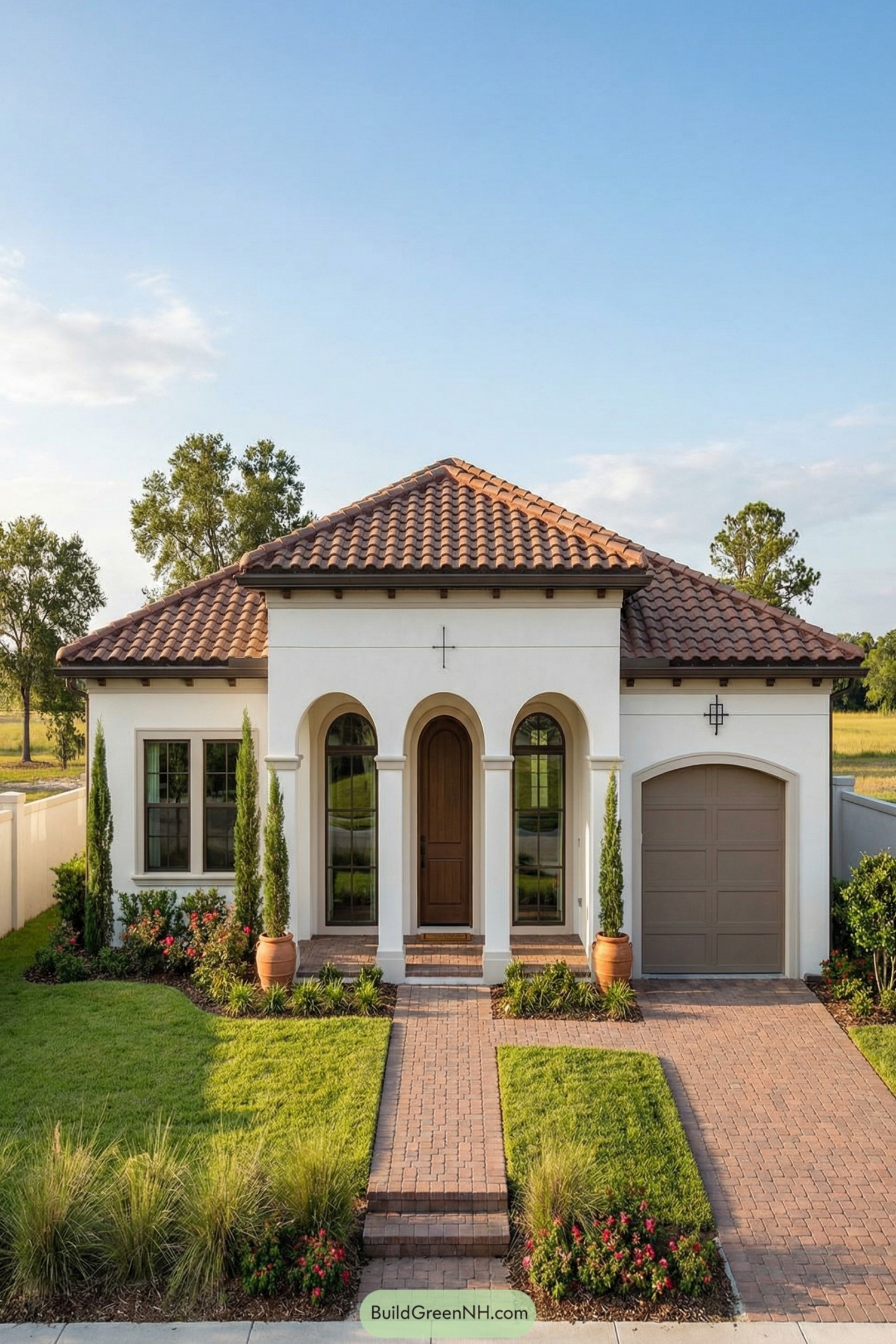 Compact Spanish-style villa with arched portico, terracotta roof, and manicured front garden