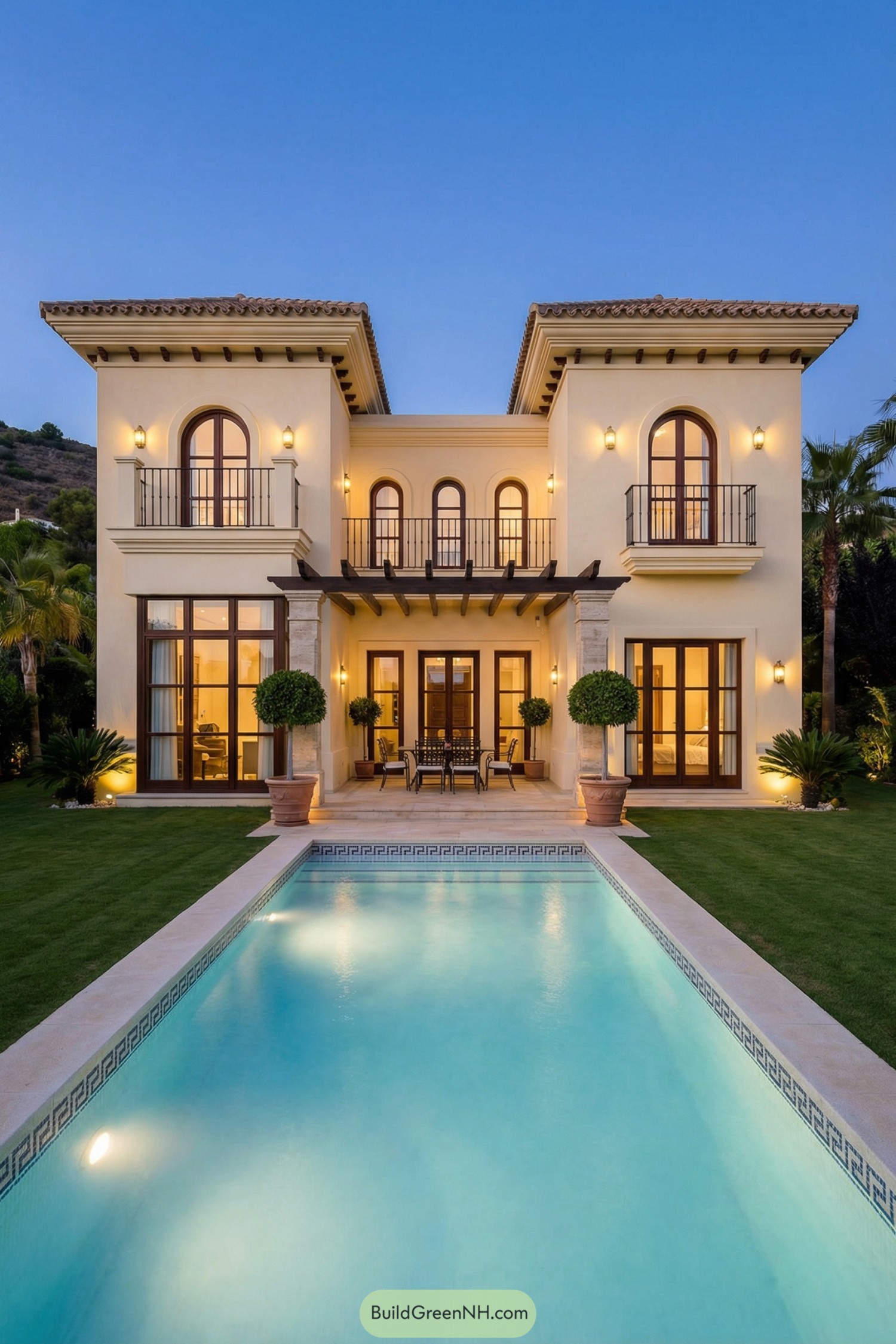 high-res photo of modern spanish villa, symmetrical two-story facade in warm cream stucco with smooth walls and subtle cornice moldings, broad rectangular massing with shallow projecting wings and deep covered central terrace facing the viewer, materials of the building include stucco walls, dark wood for window and door frames, stone-clad column bases and terrace flooring, and wrought-iron balcony railings, colors dominated by cream walls, dark brown wood, black ironwork, and soft warm yellow exterior lighting, roof style of low-pitched hipped roofs with traditional terracotta barrel tiles and pronounced eaves with decorative trim, windows large and mostly floor-to-ceiling with dark wooden frames and divided lights, some arched windows on the upper level, multiple glazed french doors on ground level with matching dark wood frames and clear glass, outdoor area featuring a long rectangular swimming pool with pale blue water, stone coping, and patterned ceramic tile border leading directly toward the villa, covered terrace with wooden pergola beams, dining set, and lounge seating, large terracotta pots with manicured topiary trees flanking the terrace and pool edge, landscaping with perfectly trimmed green lawn surrounding the pool and house, scattered palms and dense dark foliage around the perimeter, surrounding background of softly lit hillside and trees under a deep blue dusk sky, single real-life photo, high-resolution, architectural photography, soft lighting, cinematic composition.