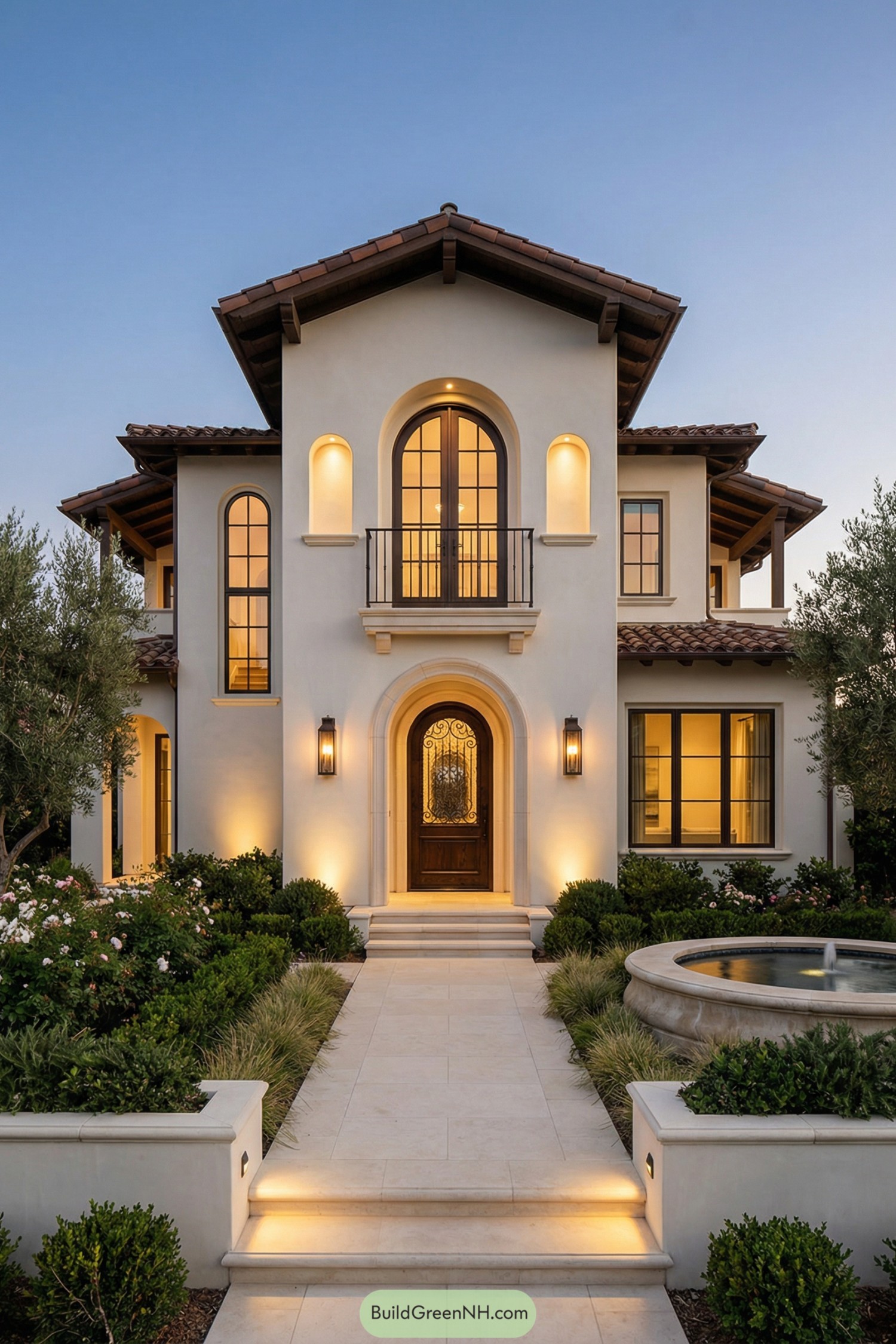 Elegant two story Spanish style villa with arched entry, warm exterior lighting, and a round front fountain framed by lush landscaping. Symmetrical façade with tall windows, balcony, and clay tile roof at dusk