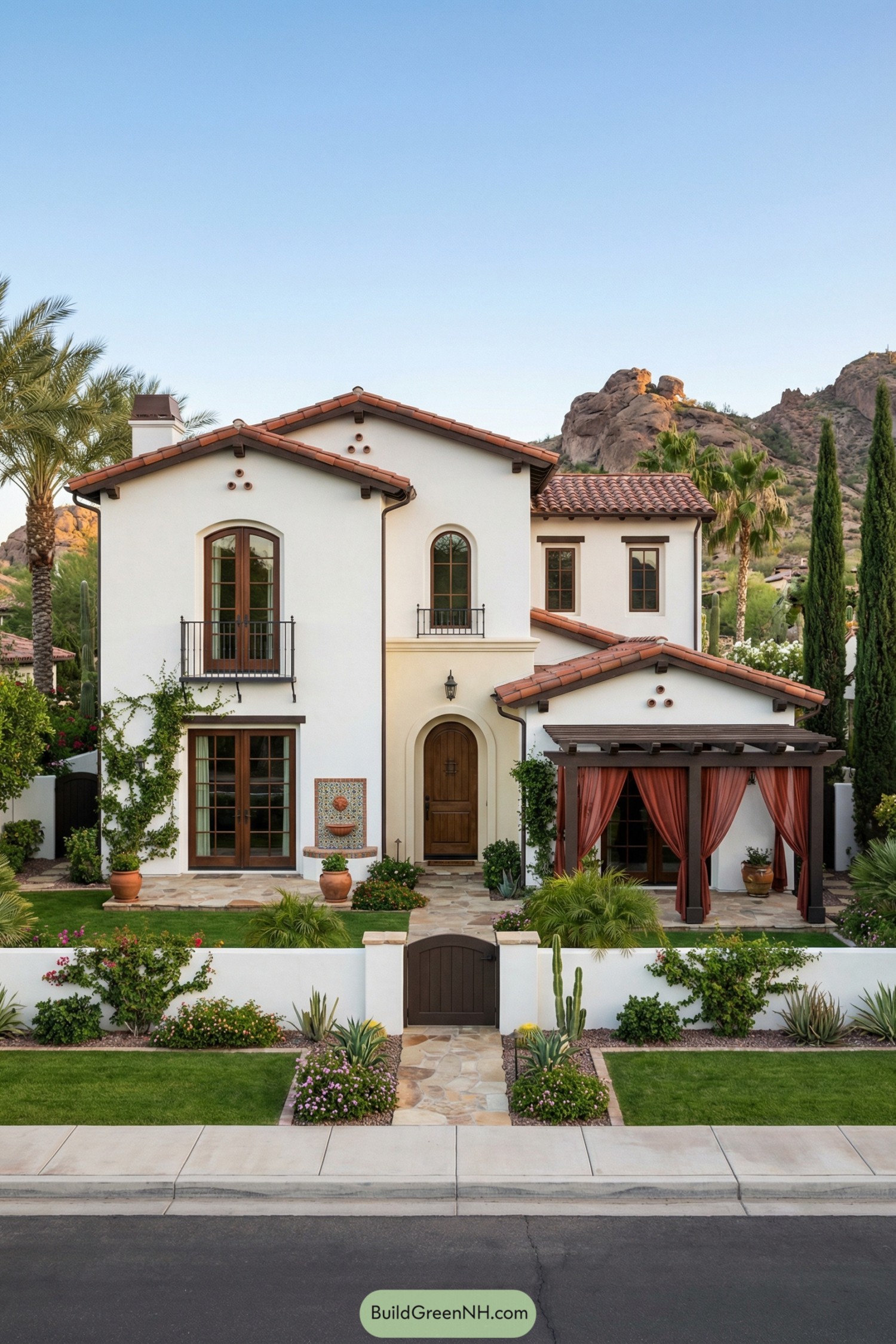 White stucco Spanish villa with terracotta roof, lush courtyard garden, and desert mountains behind