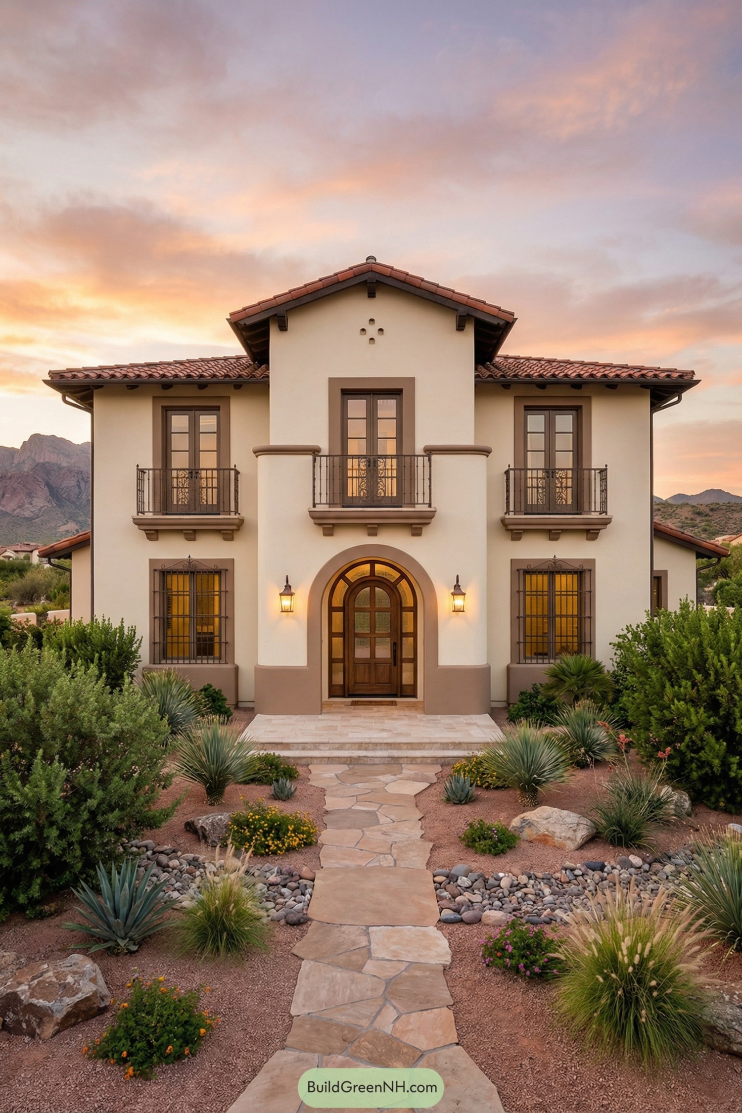 Two story Spanish style villa with arched entry and desert garden path at sunset