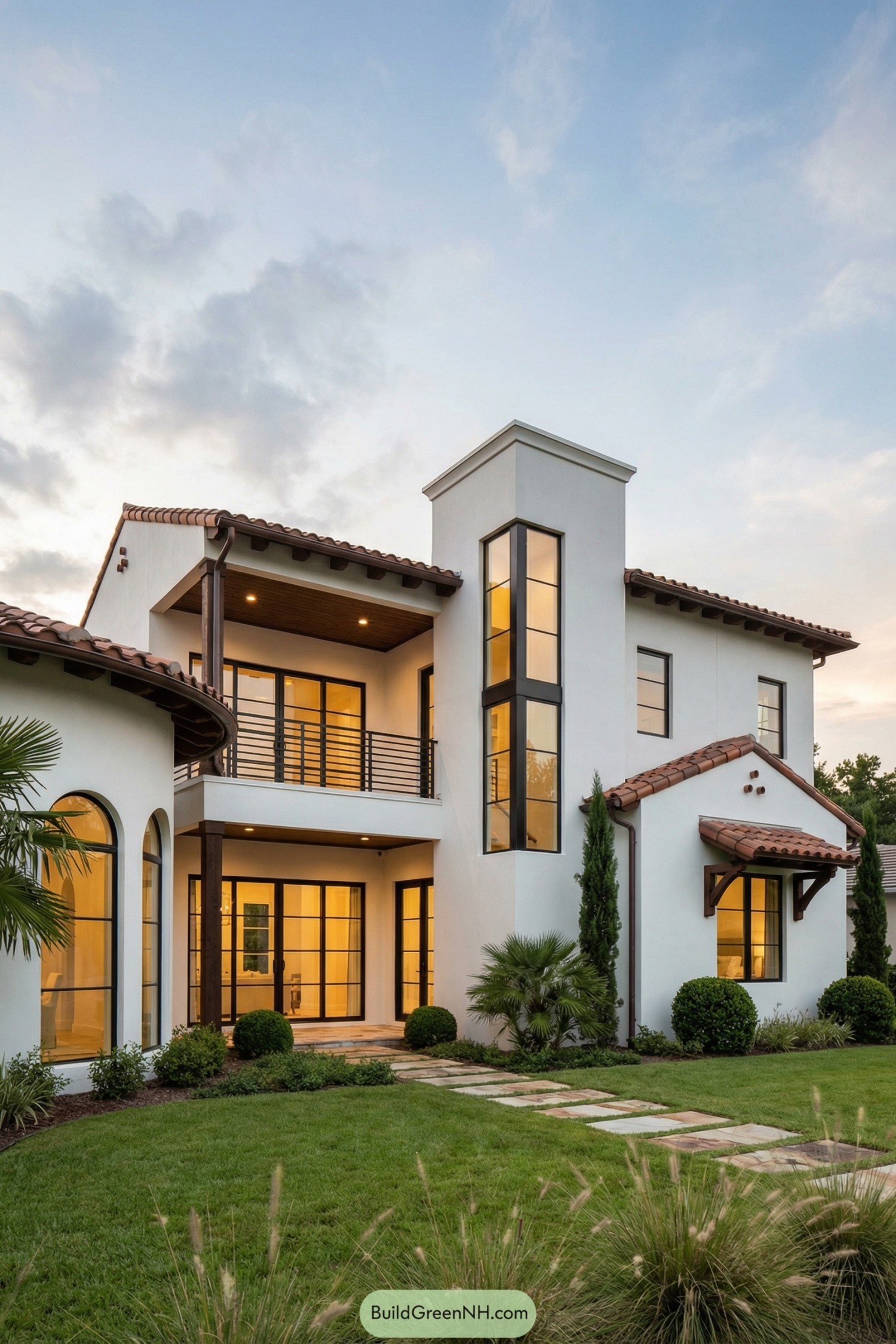 Modern white stucco Spanish villa with tall corner tower windows and terracotta roofs set in a manicured lawn