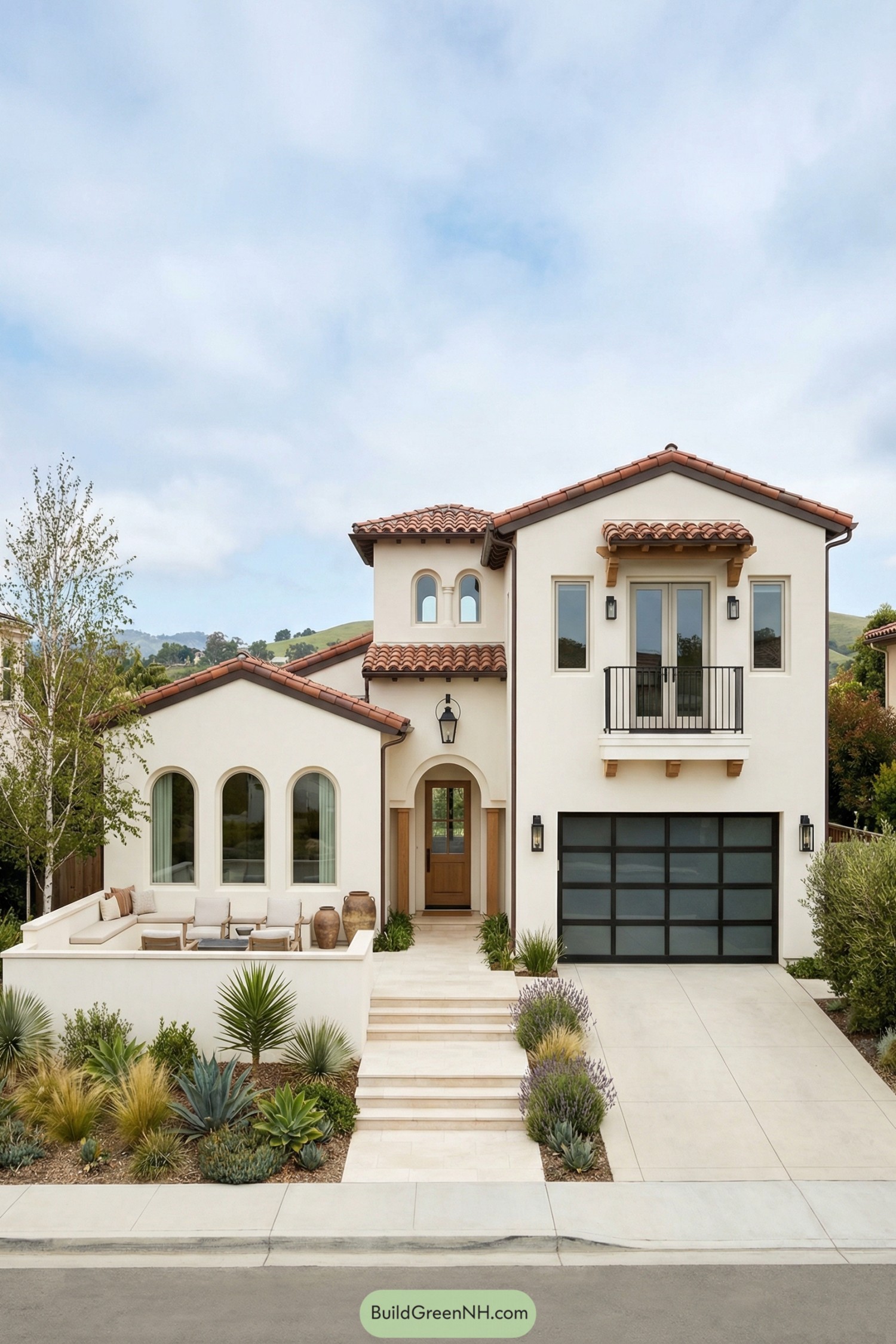 Creamy stucco Spanish villa with red tile roof layered volumes and desert landscaping