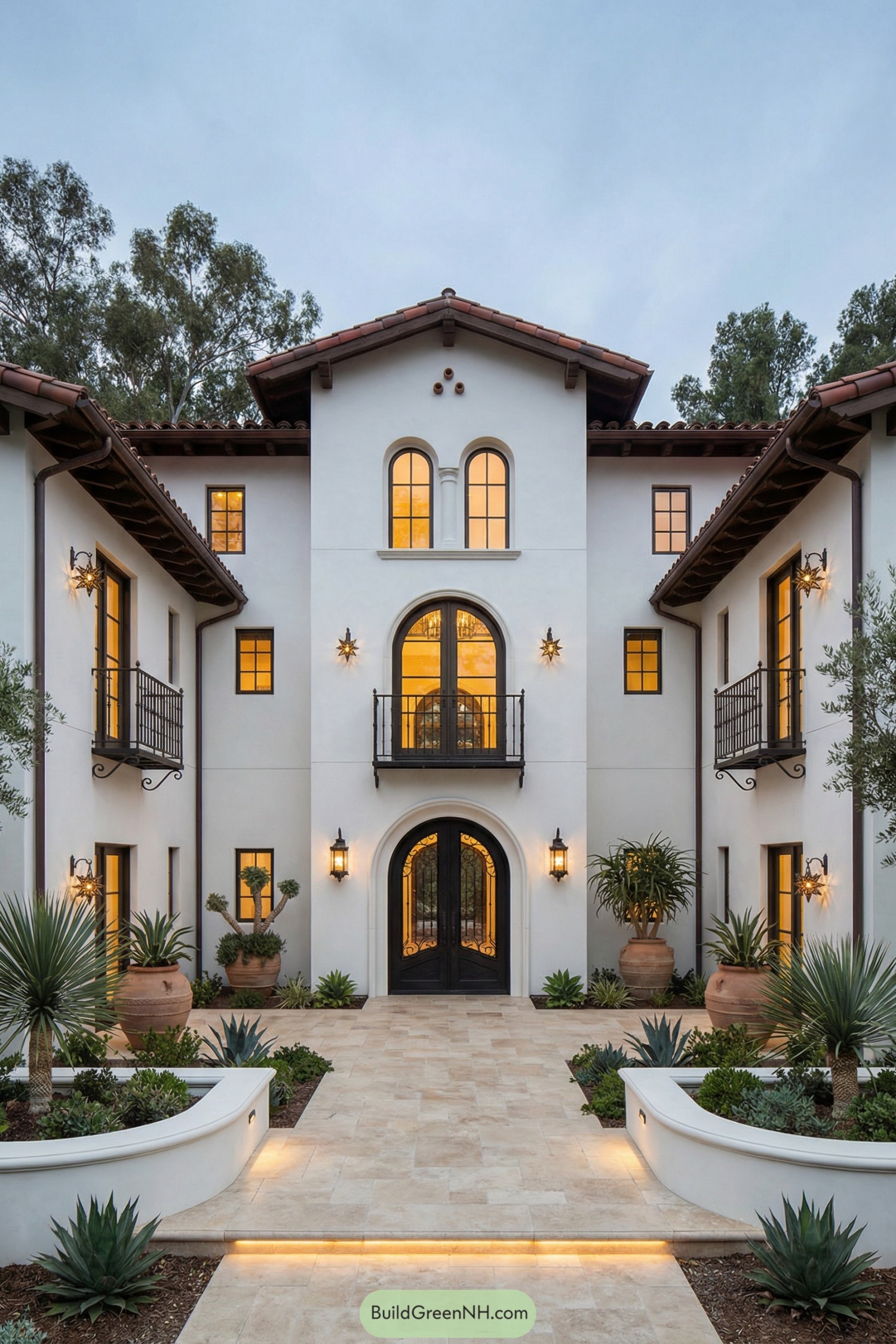 Three-story white Spanish villa with glowing windows and a landscaped entry courtyard