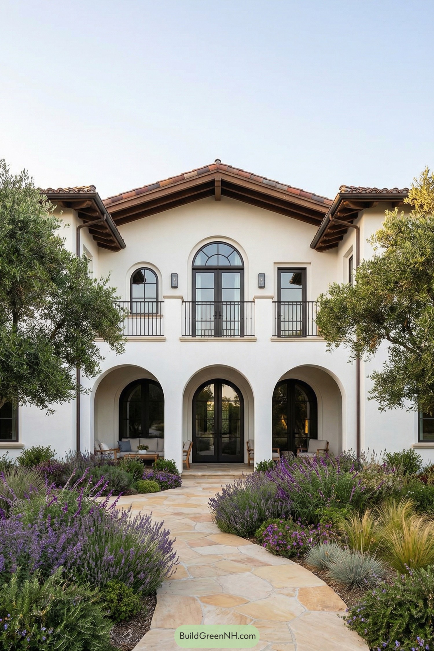White stucco Spanish villa with arched entry, dark framed windows, and a stone path bordered by lush lavender and Mediterranean planting