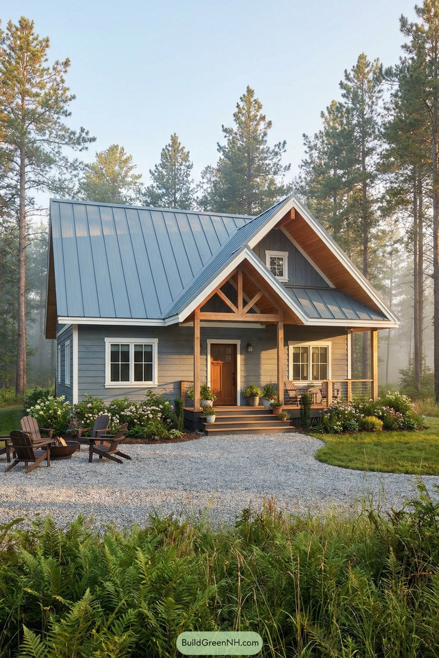 Small gray timber cabin with steep metal roof and welcoming front porch surrounded by trees