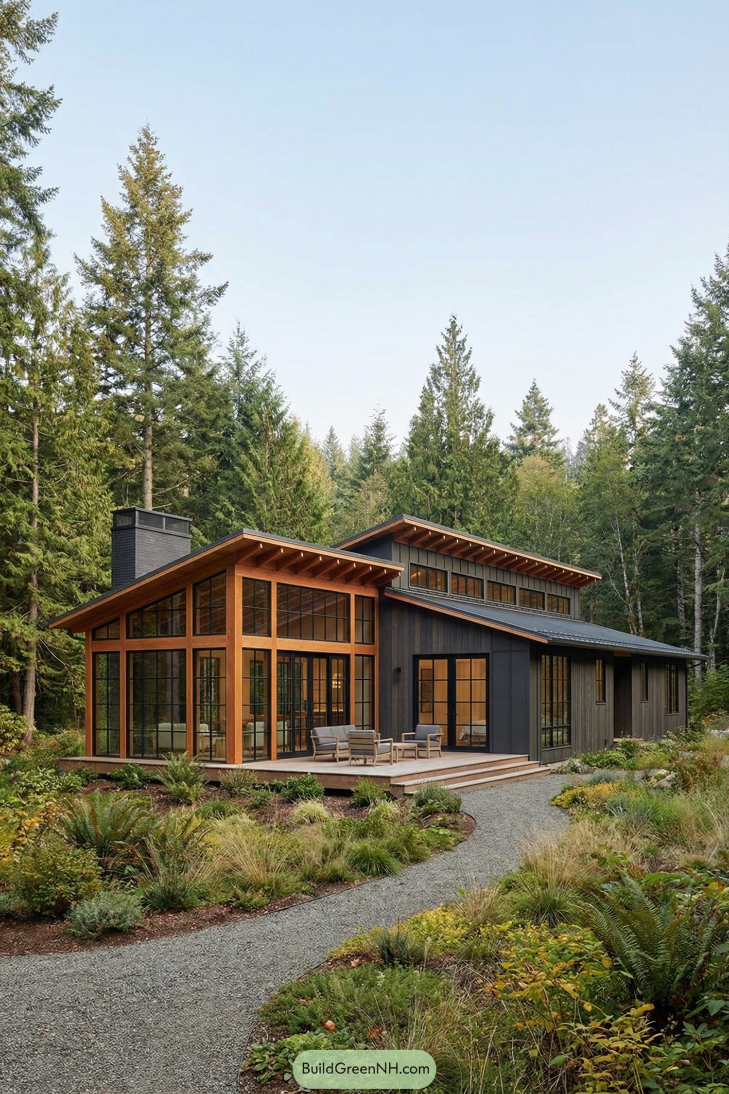 high-res photo of modern Timber Cabin, clean rectilinear facade with strong horizontal lines, main volume in dark charcoal cladding and an attached fully glazed timber-framed pavilion, warm medium-toned wood trim and exposed beams, elongated single-story shape with an L-like footprint and deep roof overhangs, exterior materials of vertical timber siding, dark metal panels, large black metal window frames, and a dark masonry chimney, single-slope shed roof in dark metal with visible rafters and wide eaves, extensive floor-to-ceiling windows in a grid pattern, clerestory band of narrow horizontal windows along the higher facade, large glass doors with matching black mullions opening to the deck, spacious wooden terrace with simple modern outdoor chairs and sofa, low level to the ground with no railing, gently curving stone or gravel path leading to and around the cabin, naturalistic landscaping with mixed grasses, ferns, low shrubs, and scattered groundcover in earthy greens and yellows, set in a lush forest of tall conifer trees and dense evergreens, soft daylight, clear sky, tranquil woodland background. single real-life photo, high-resolution, architectural photography, soft lighting, cinematic composition, strictly no collages