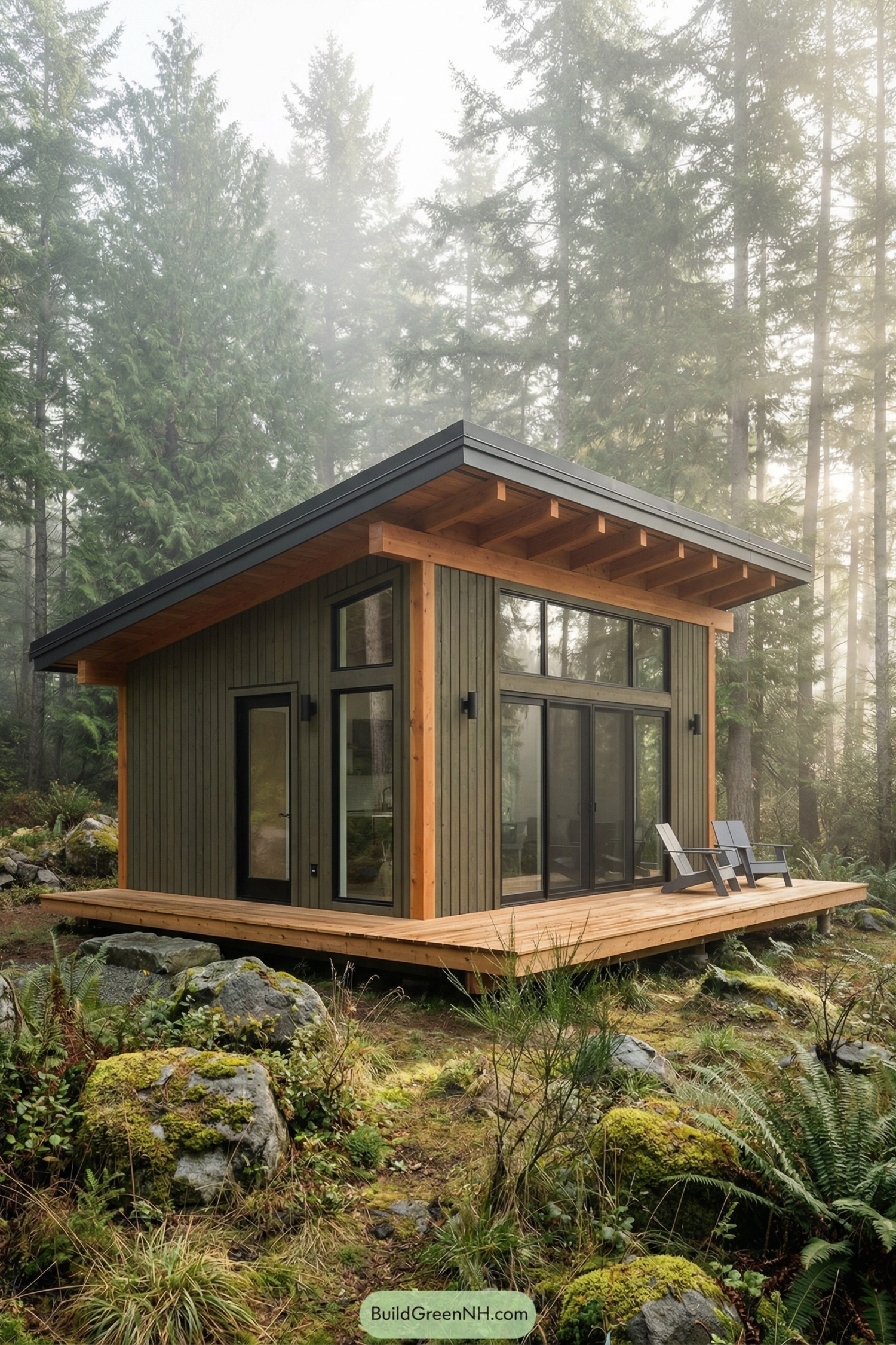 Small modern timber cabin with large windows and a wraparound deck in a misty forest
