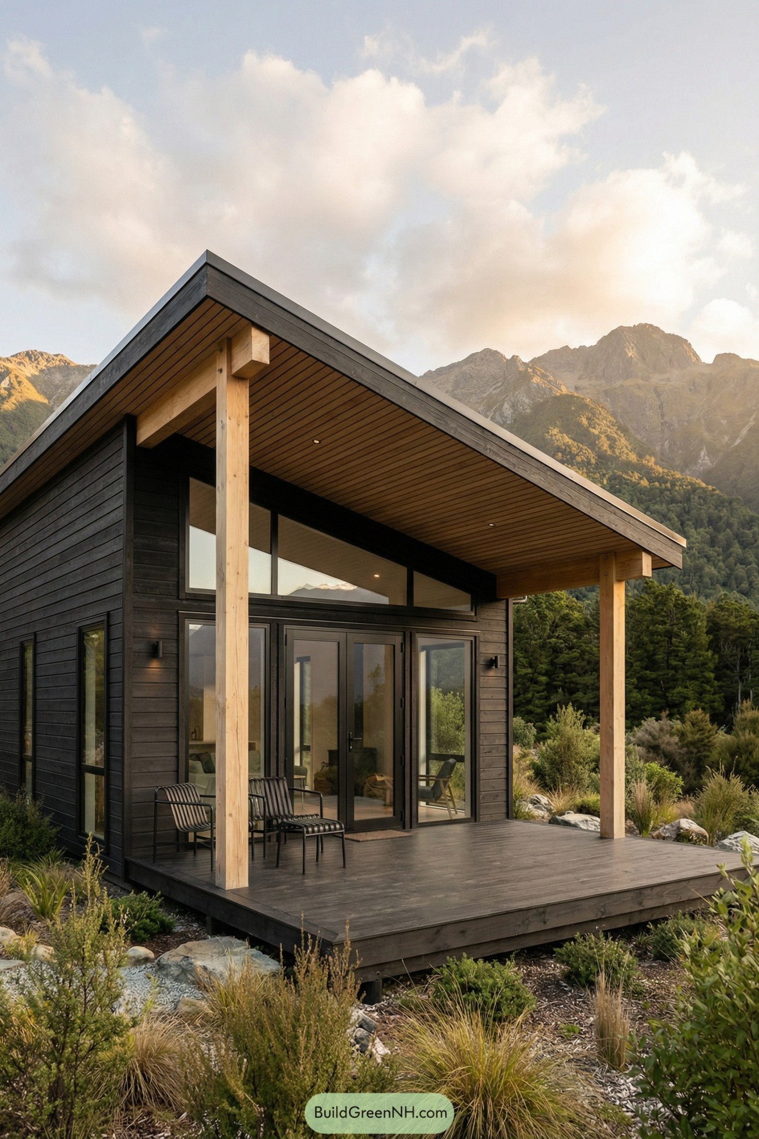 Dark timber cabin with sloped roof and open deck set against mountain landscape