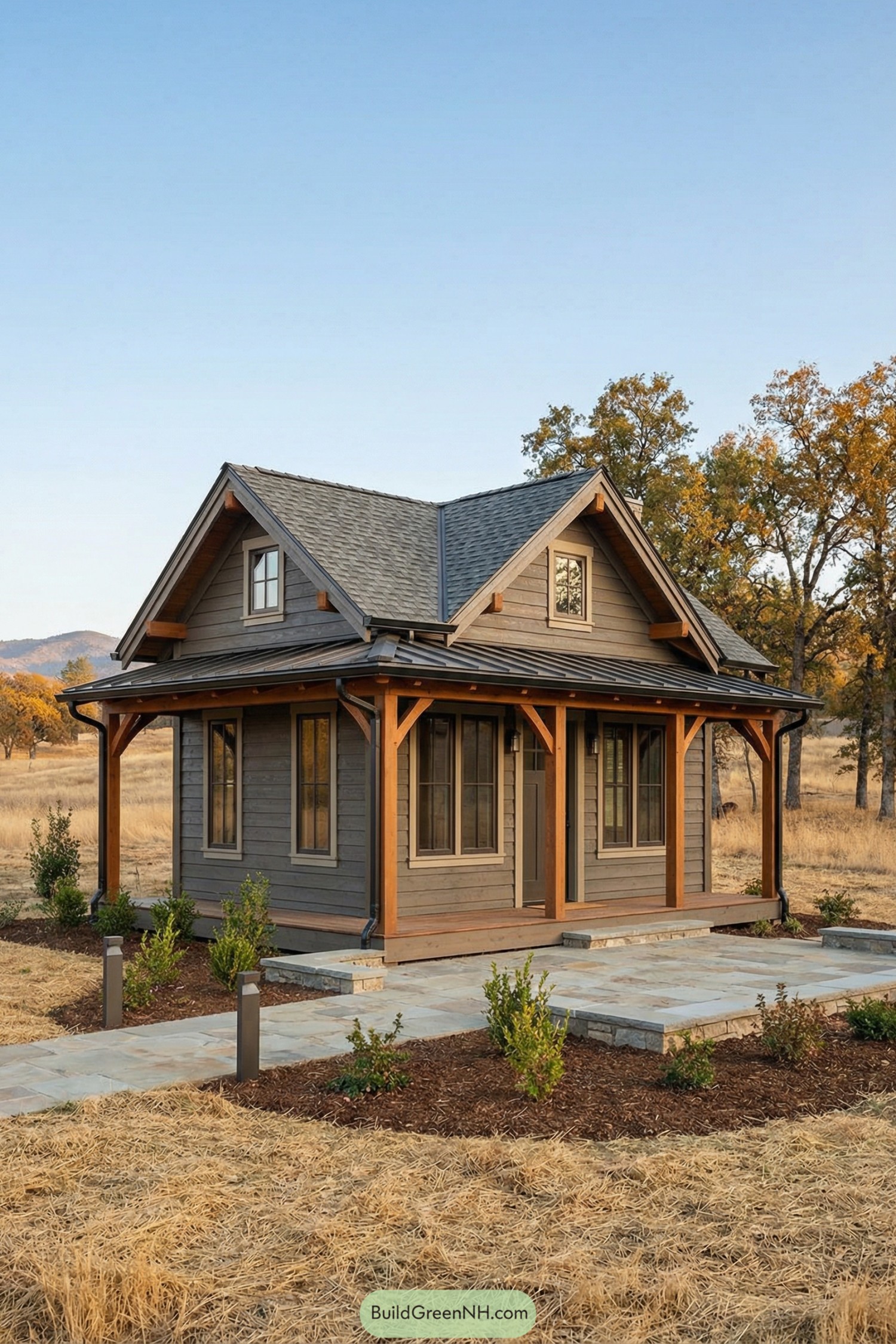Compact timber cabin with wraparound porch in open field
