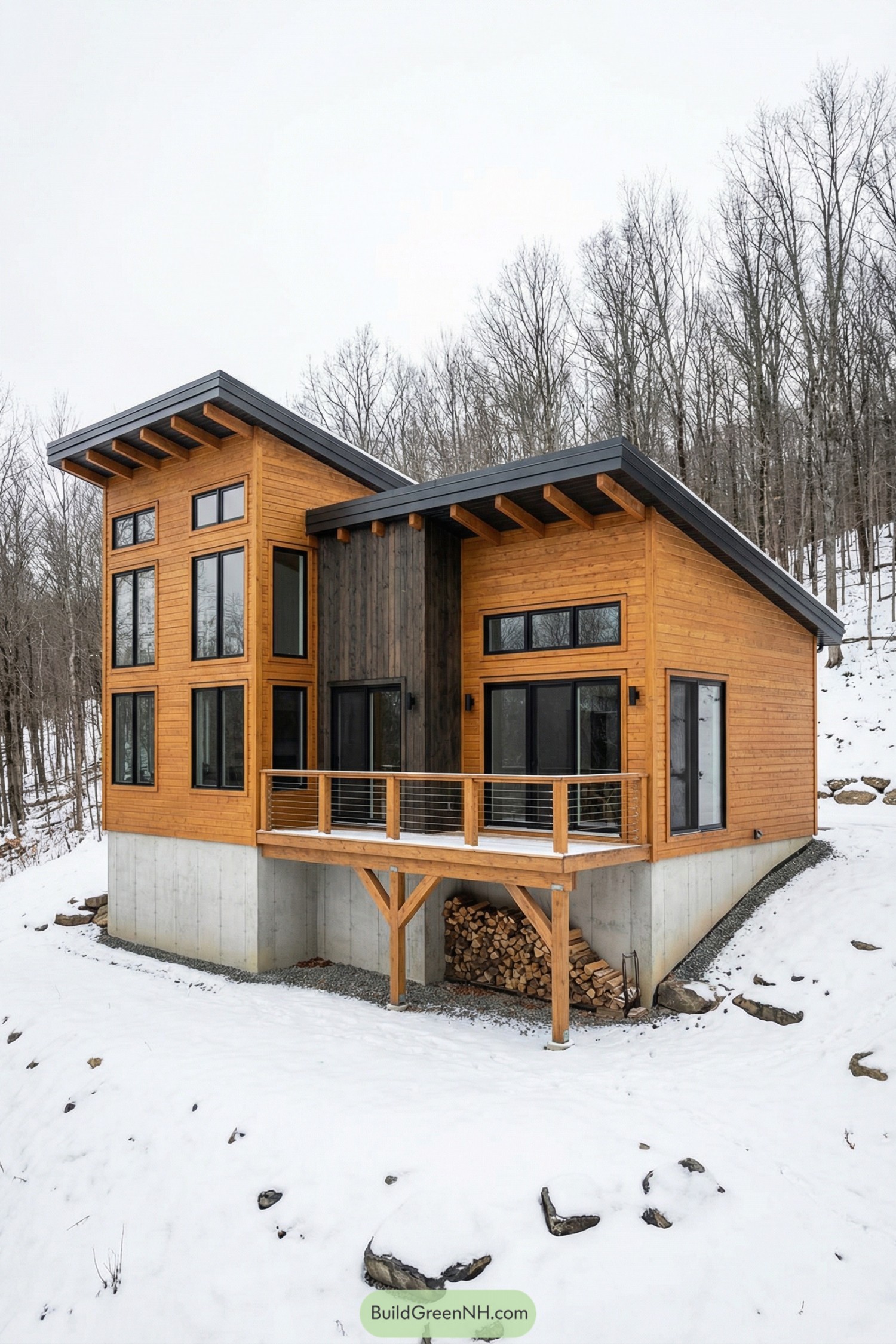 Modern timber cabin with twin shed roofs large black framed windows and a small balcony over a wood storage nook in a snowy forest setting