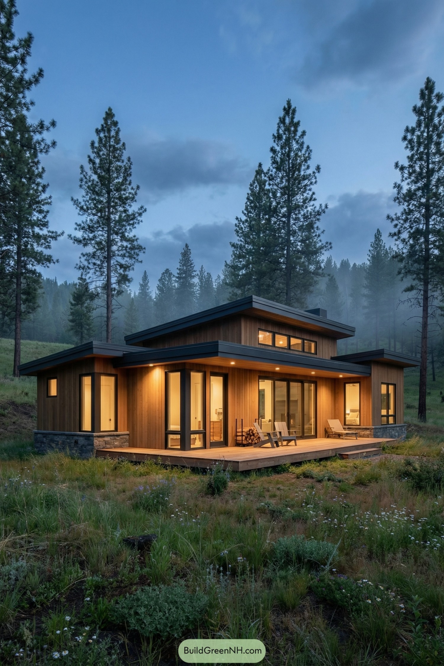 Modern timber cabin with tiered flat roofs and wraparound deck glowing at dusk in a misty pine forest