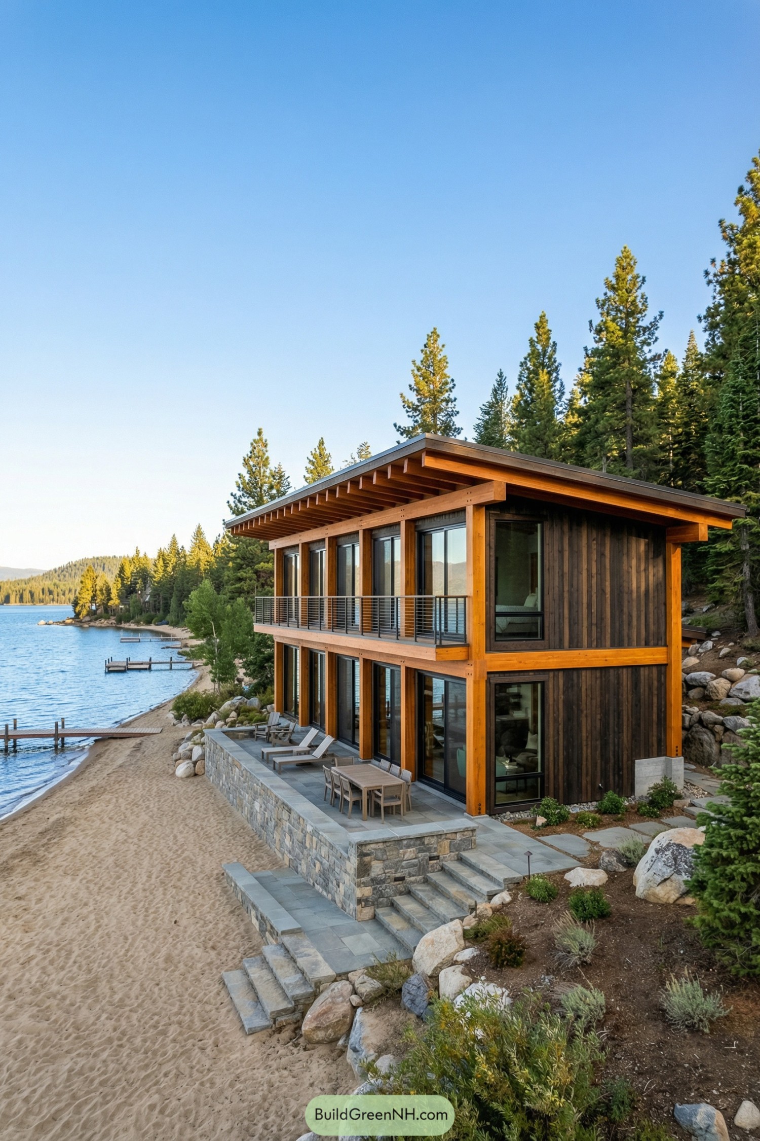 Modern two story timber cabin on a lakeside beach with large glass windows and stone terrace