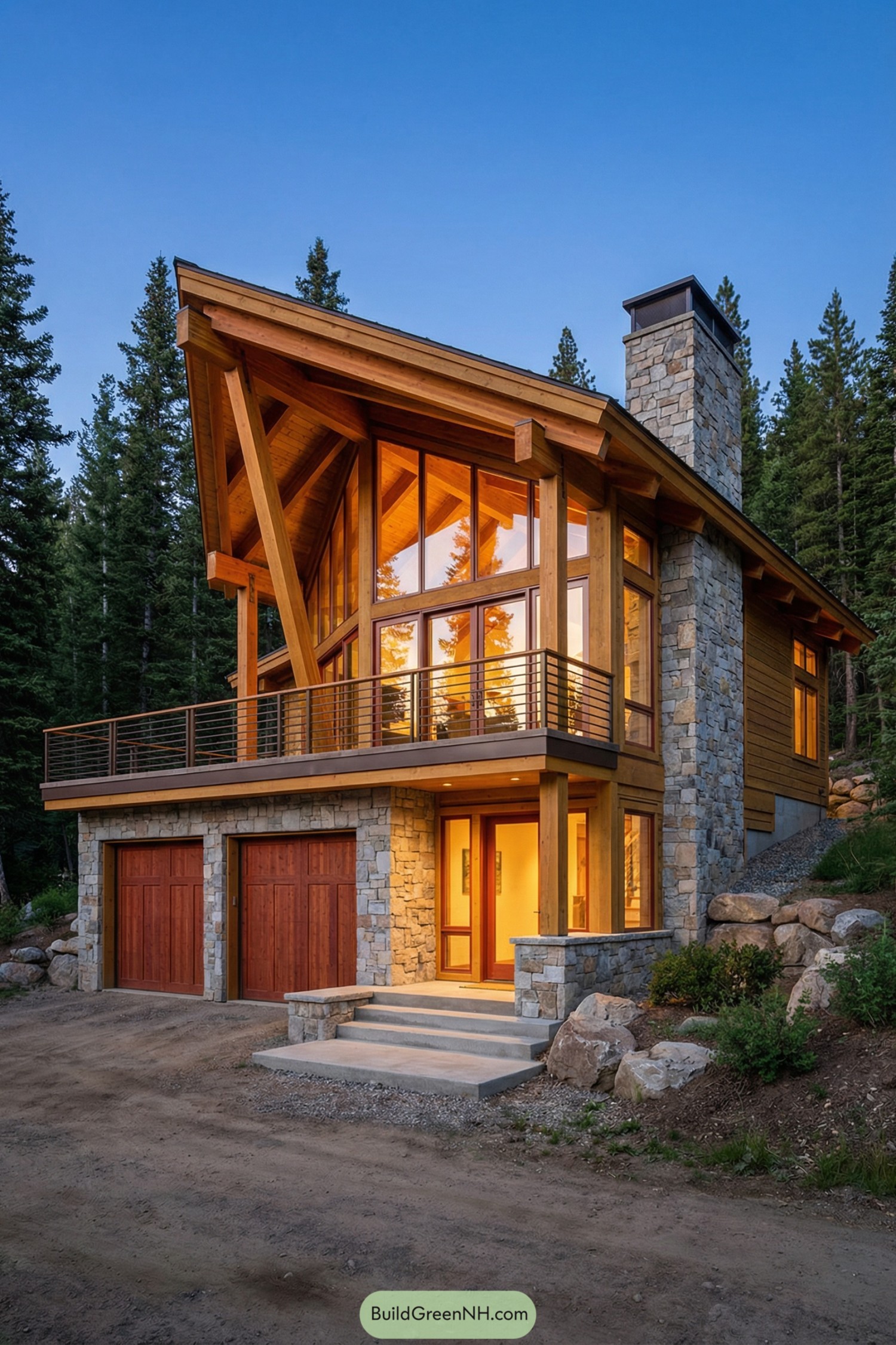 Two story timber and stone cabin with tall glass front and balcony in a forest setting at dusk