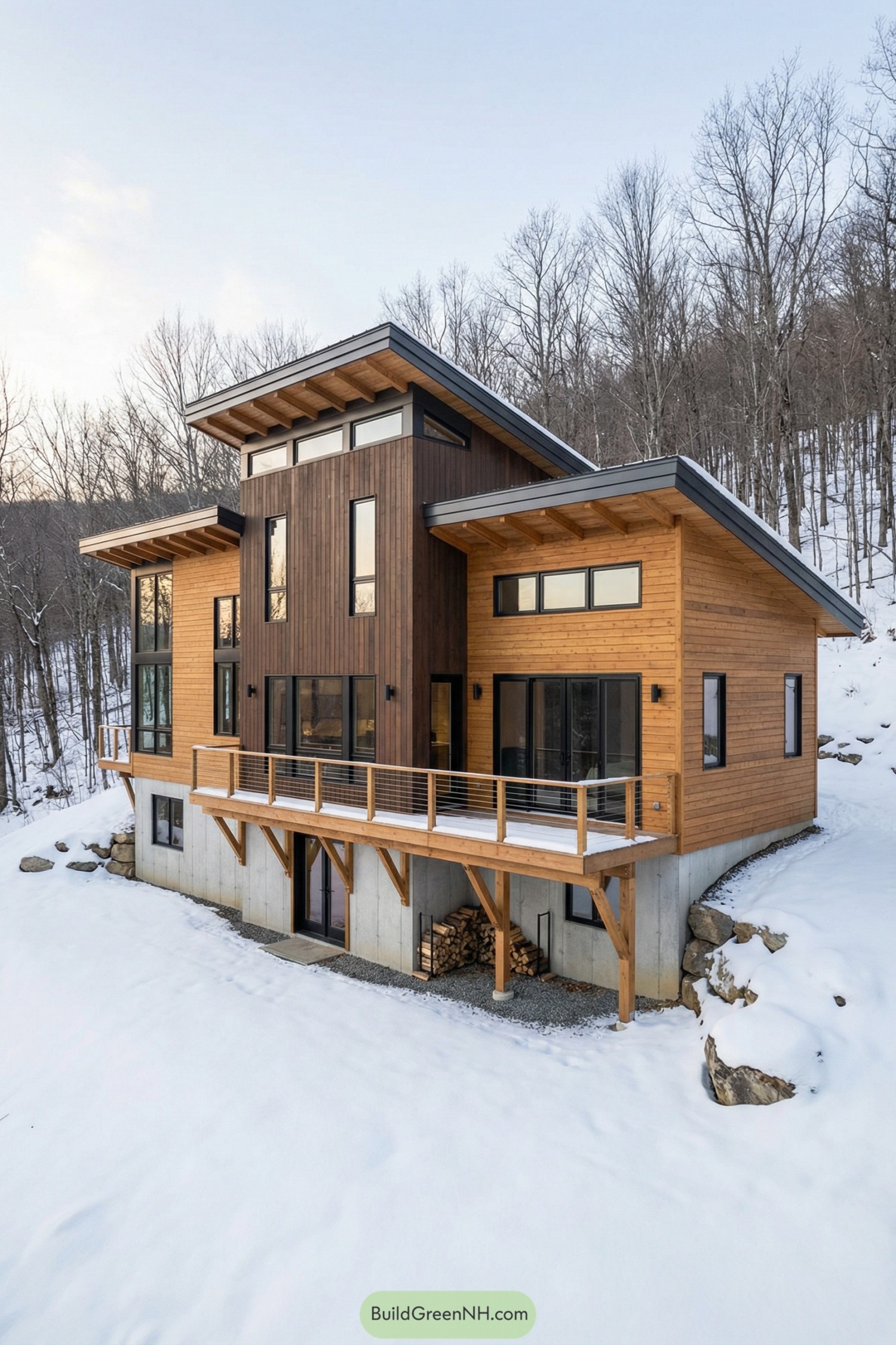 Modern timber cabin with split shed roofs and large windows on a snowy hillside
