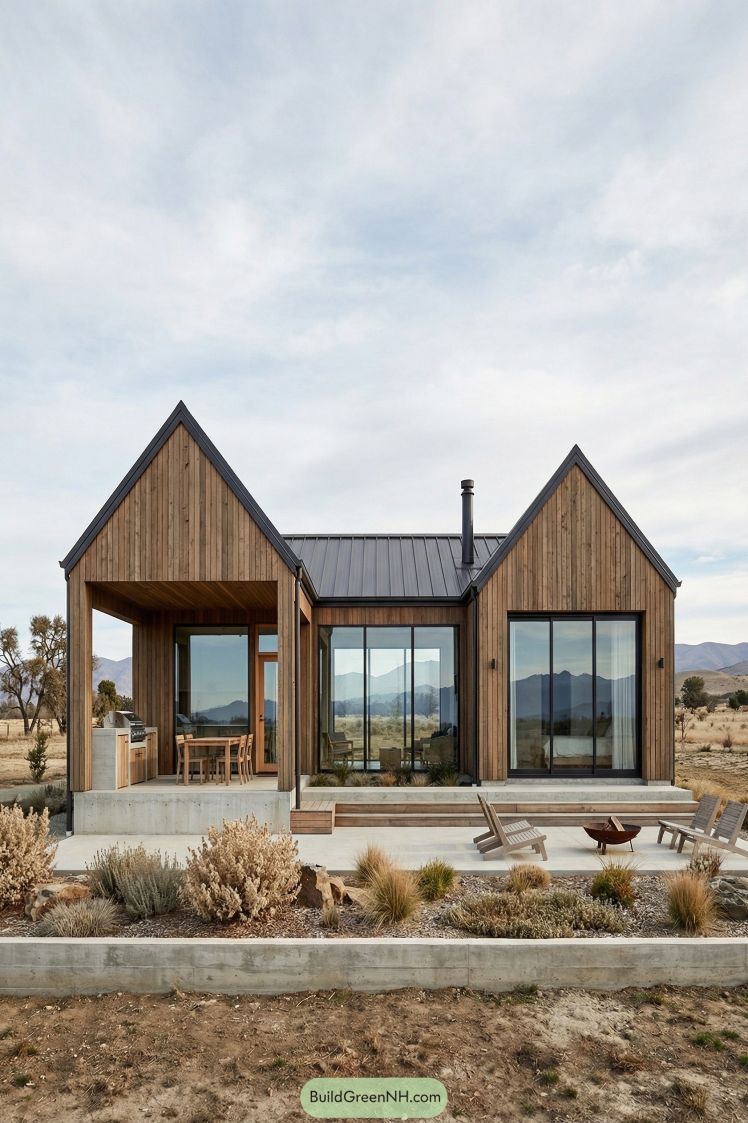 Modern twin gable timber cabin with large glass doors facing a dry landscape